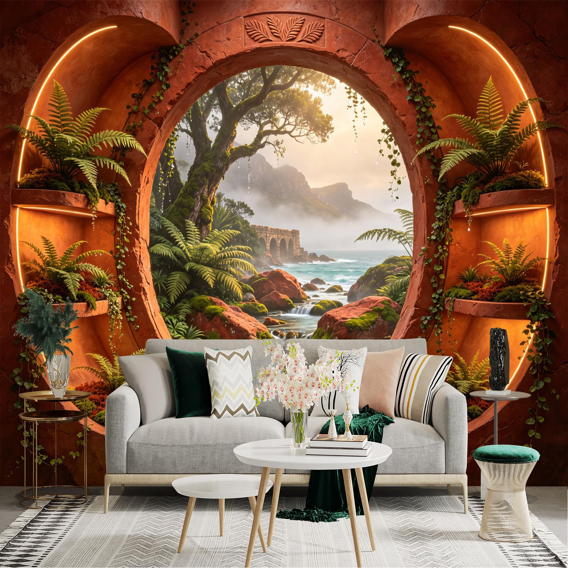 Lnzczhyre Dbh260521577 Custom Size Wall Sticker Mural， Circular Window View， Lush Tropical Forest， Ancient Stone Bridge， Mossy Rocks And Waterfall， For Wall Decoration， Peelandstick Wall Decals.