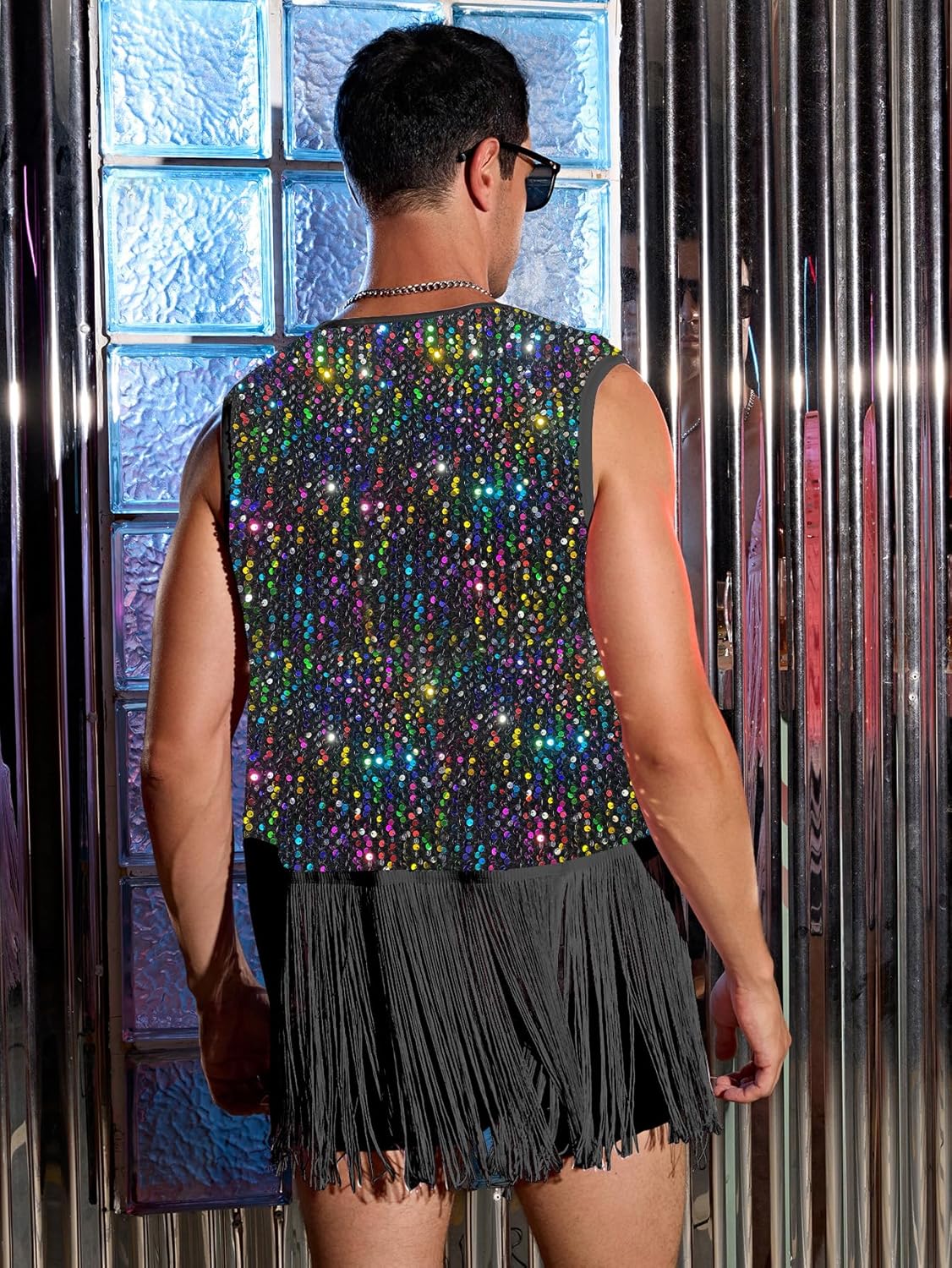WDIRARA Men's Contrast Sequins Fringe Trim Sleeveless Open Front Party Club Jacket - Image 2