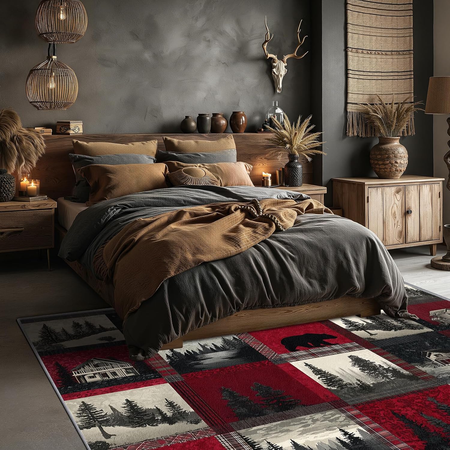 Rustic Cabin Rugs for Living Room - Lodge Bear Rug, 5x6 Area Rug, Farmhouse Wildlife Washable Rugs for Bedroom, Forest Lodge Living Room Area Rug, Red Plaid Home Decor, Cabin Gifts for Men image 3