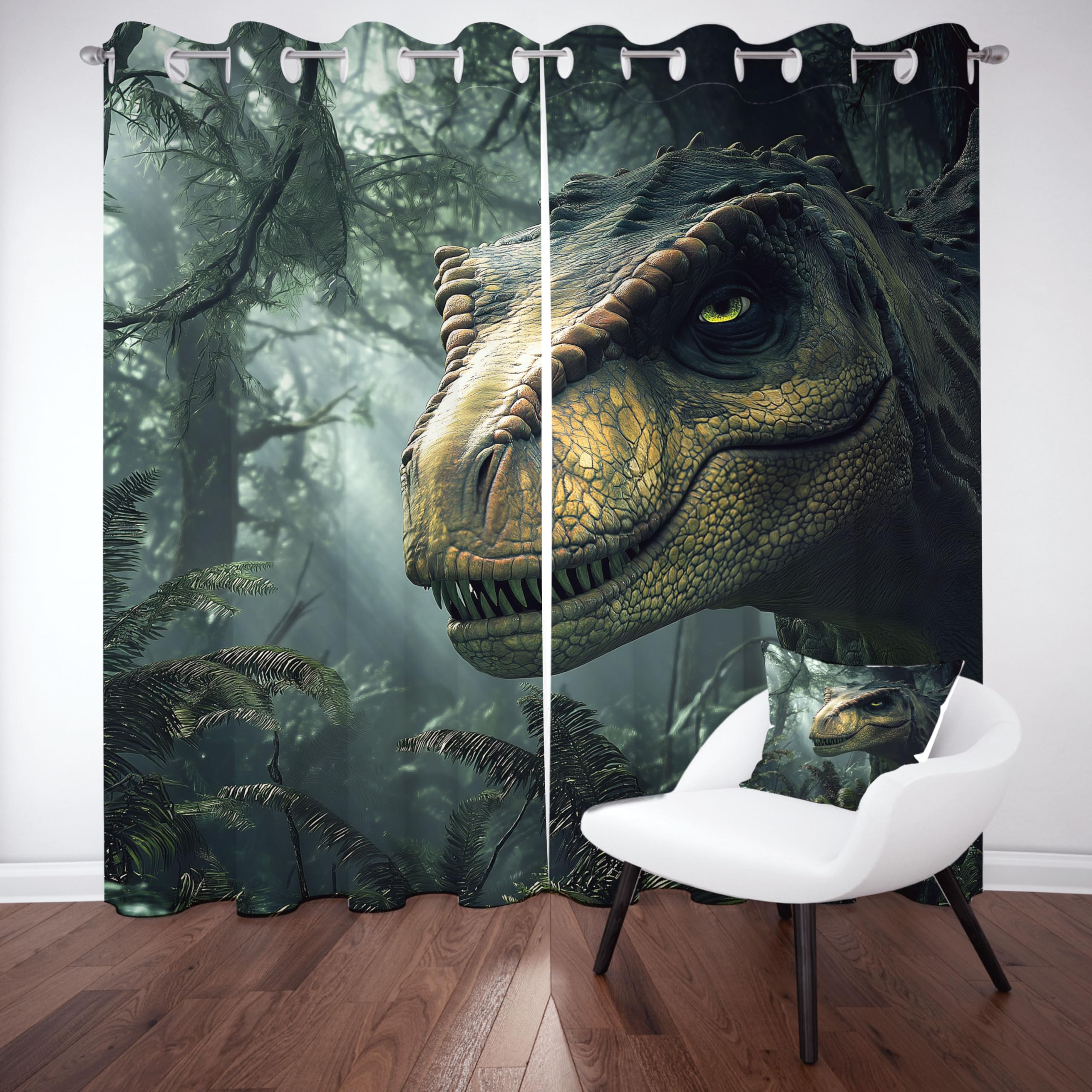 Rideaux occultants à motif dinosaure pour salon, rideau dinosaure tyrannosaure pour chambre, rideaux occultants thermiques à motif plantes et feuilles vertes pour chambre d'enfant/adolescent, ensemble