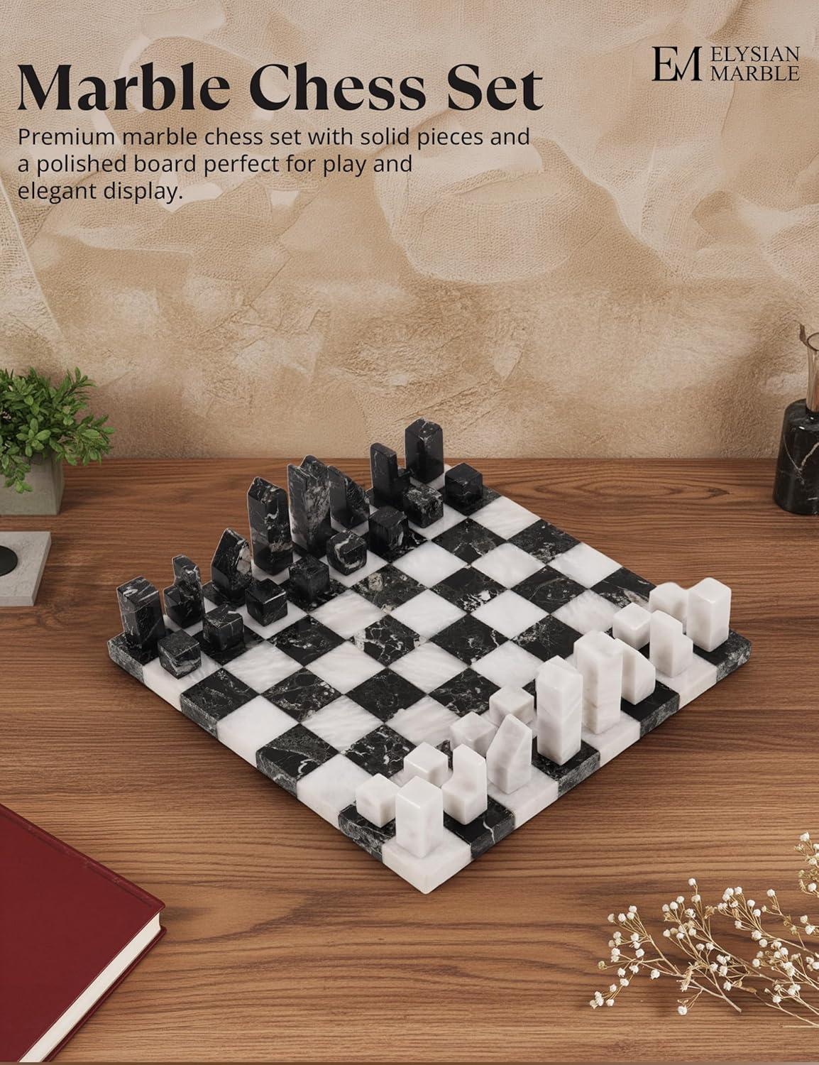 Modern Chess Set – Handcrafted Borderless Marble Chess Board with Minimalist Geometric Pieces, Luxury Decorative Chess Game for Coffee Table, Home Décor & Gifts
