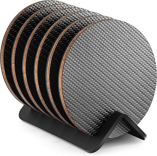 Posavasos modernos para bebidas con soporte, 6 posavasos de carbono de primera calidad con diseño geométrico elegante, protege los muebles, regalo