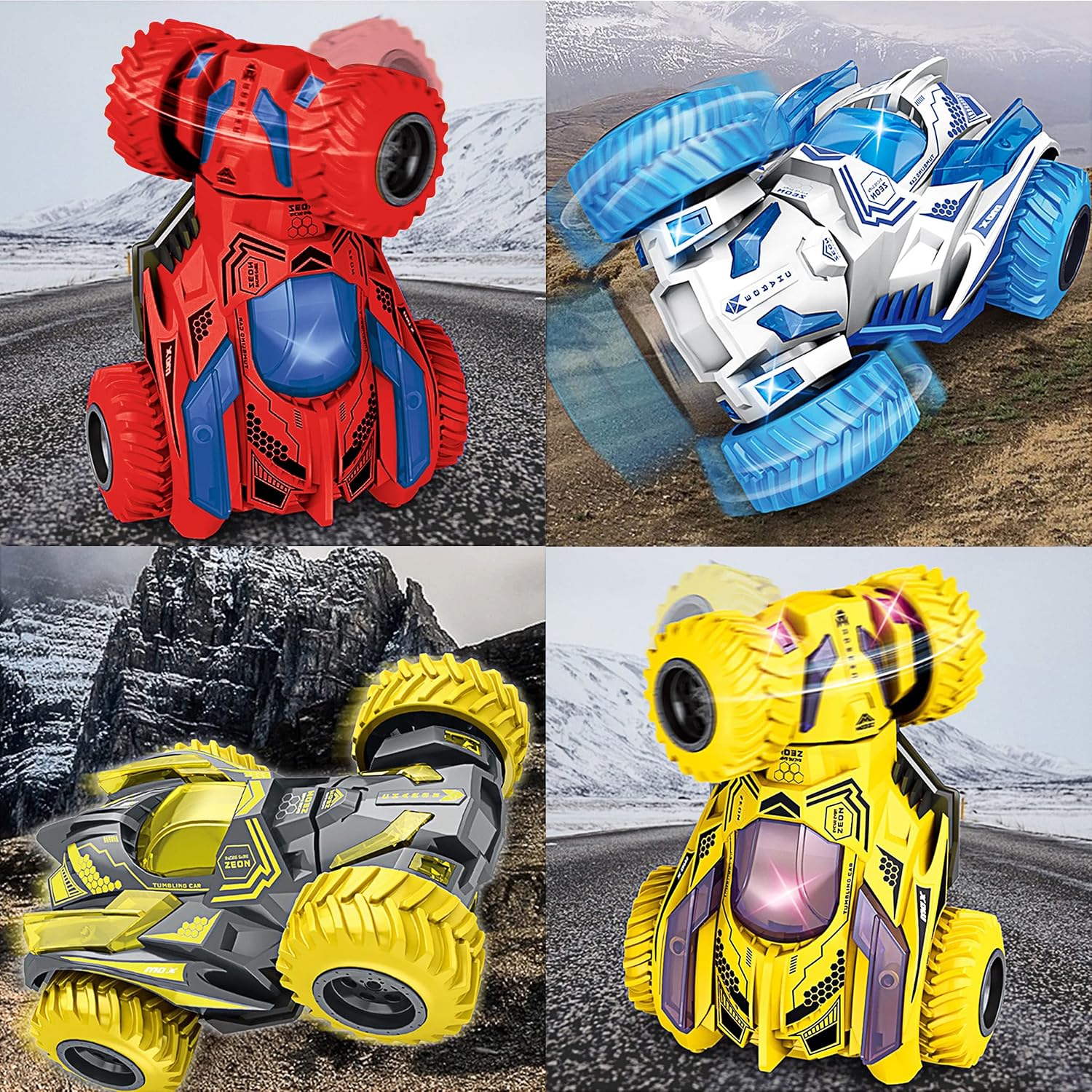 Geospace Friction Stunt Cars with 360 Rotating Front Wheels - 4 Differently Colored Hand Held Push-Powered Stunt Cars (4 Pack)