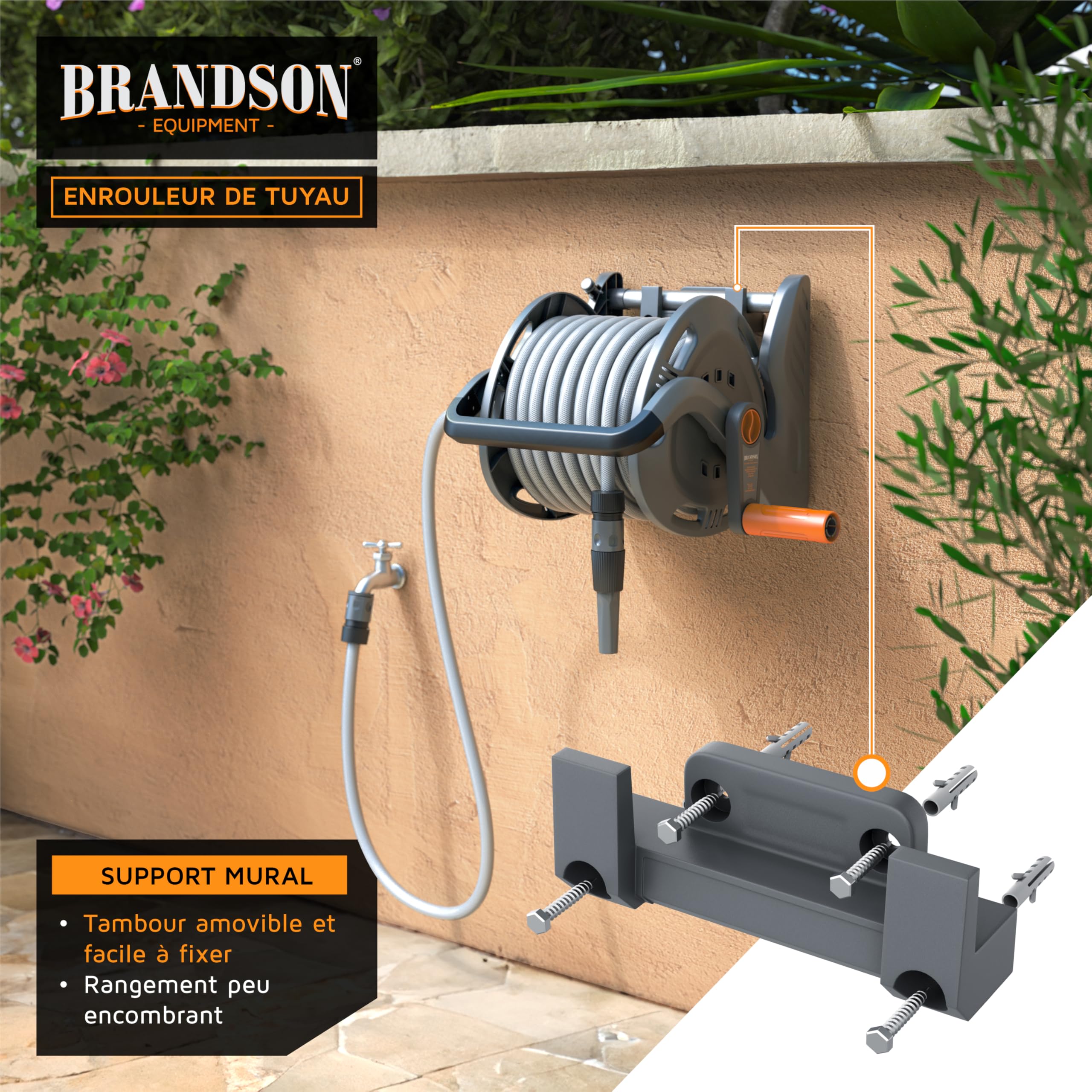 Brandson - Enrouleur Tuyau arrosage de 20 mètres, Enrouleur mobile de tuyau de jardin avec 20 m de tuyau, 2 m d'alimentation, Support mural, Manivelle, Pulvérisateur de nettoyage