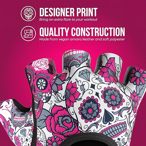 Miniatura 4 de Contraband Pink Label 5237 - Guantes de entrenamiento de diseñador para mujer, estampado de calavera de azúcar y acolchado Grip-Lock (rosa, L)