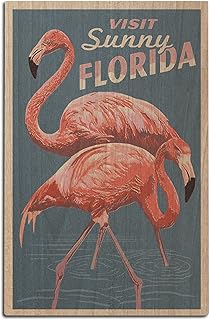 Visit Sunny Florida, Flamingo, Letterpress Birch Wood Wall Sign (12x18 Rustic Home Decor, Ready to Hang Art)