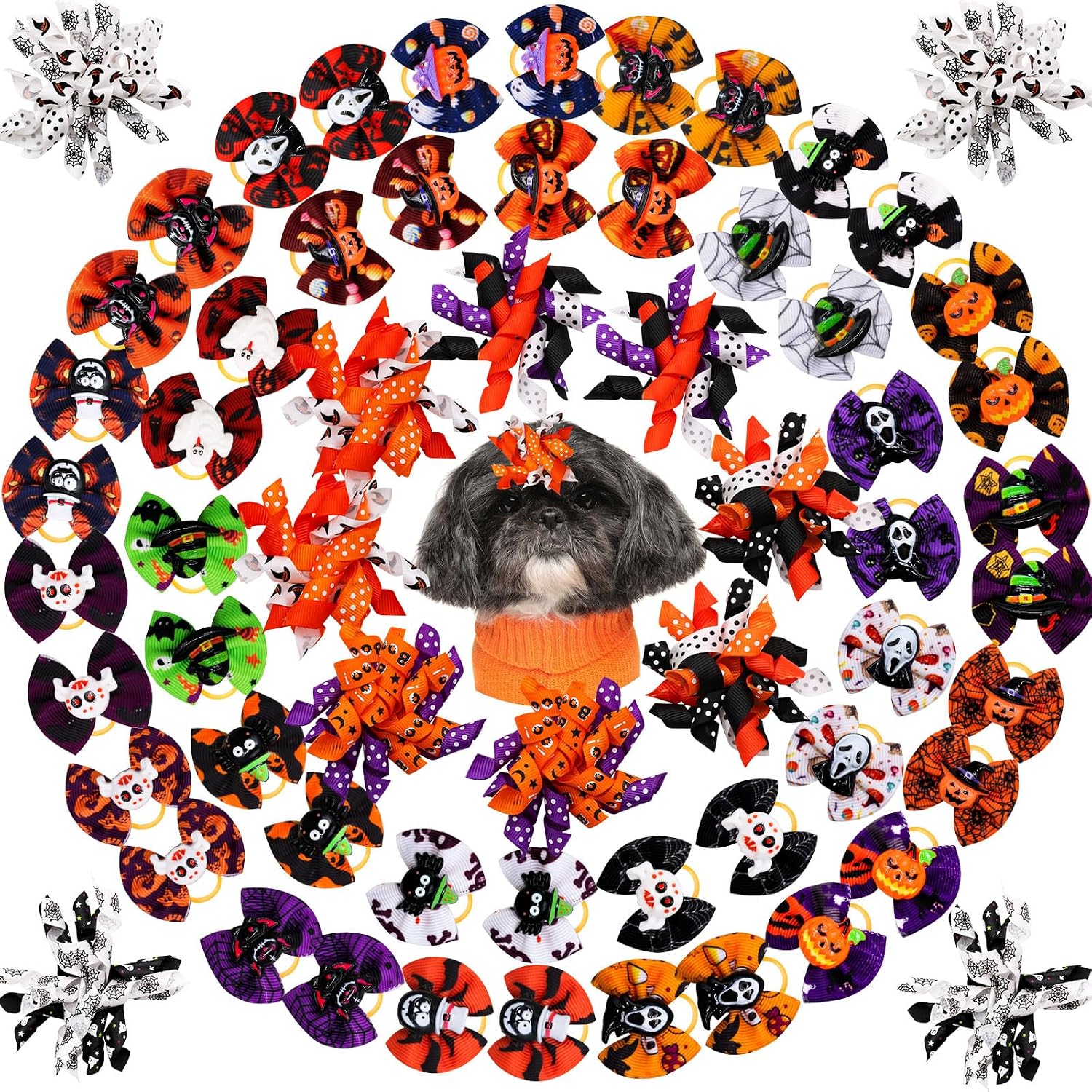 Halloween Decorations for Dog 60Pcs/30Pairs Halloween Dog Hair Bows with Rubber Bands Small Dog Bows Puppy Grooming Bows for Cat Bunny Yorkie Pet Hair Grooming Accessories image 4