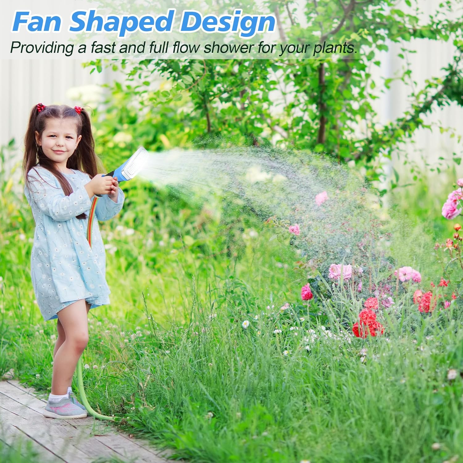 Dreyoo Fan Spray Nozzle for Garden Hose, Heavy Duty Garden Hose Head Spray for Watering Wand with Flow Control and Ergonomic Insulated Grip, Blue (2 Pack)