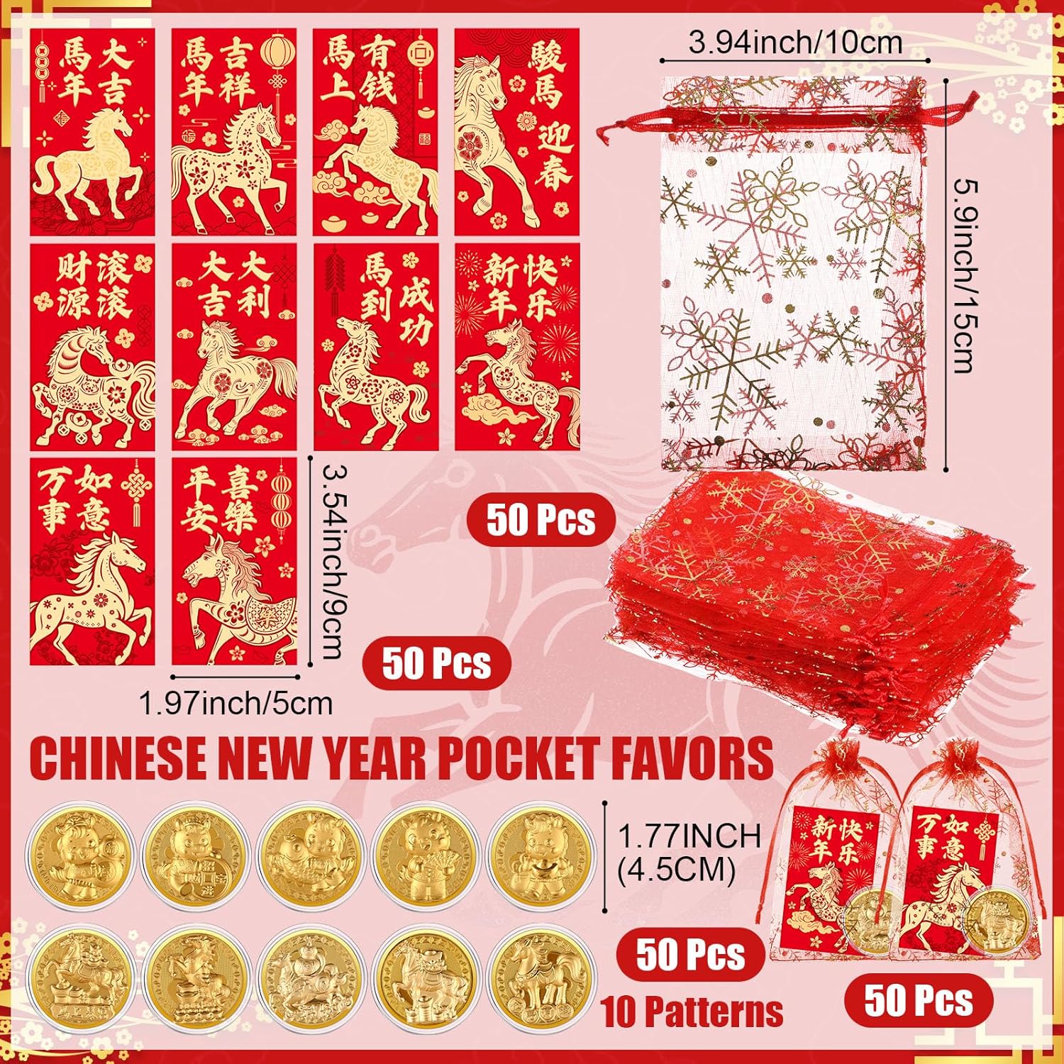 Junkin 50 Set Chinese New Year Gift Horse Lucky Coins Red Commemorative Cards 2026 Lunar New Year Gift Feng Shui Red Packet Lucky Contains Chinese Feng Shui Coins with Bag (Fresh Horse Style)