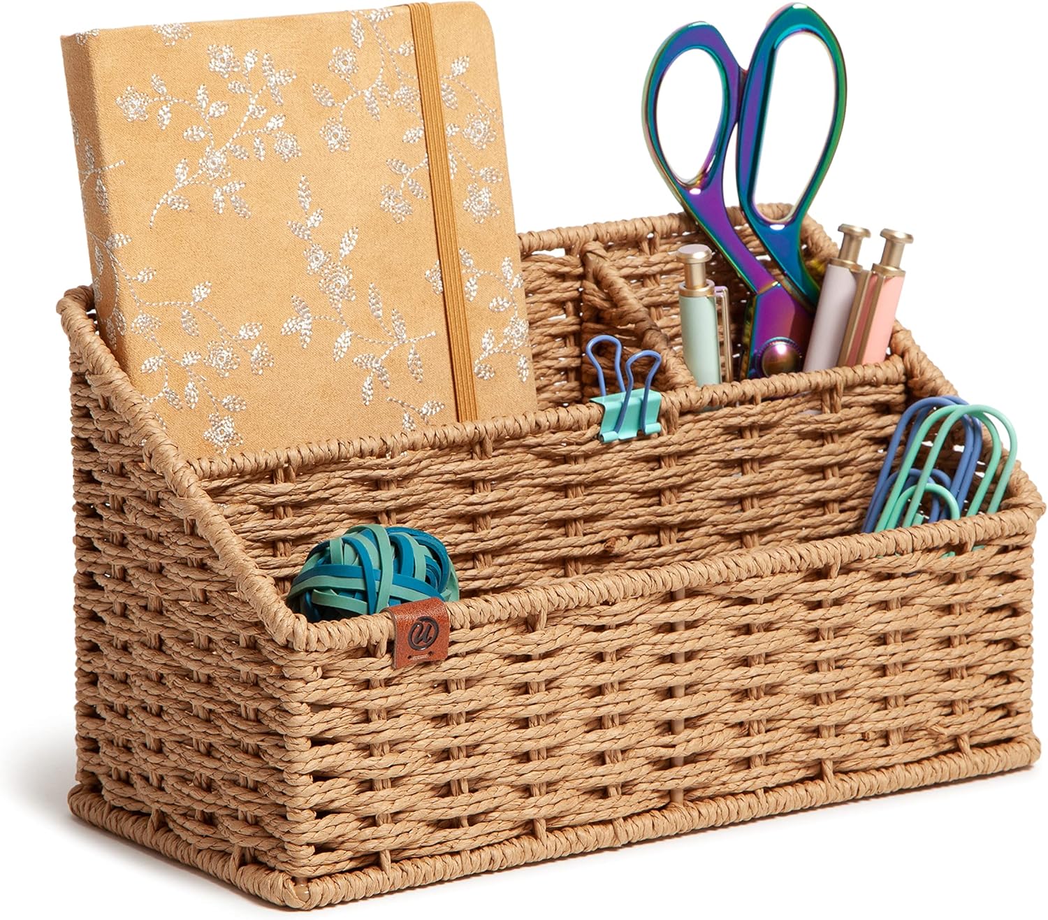 U Brands Woven All-in-1 Desk Organizer, Rattan-Inspired Wicker Style Office Organization Supplies, 1 Count, Brown