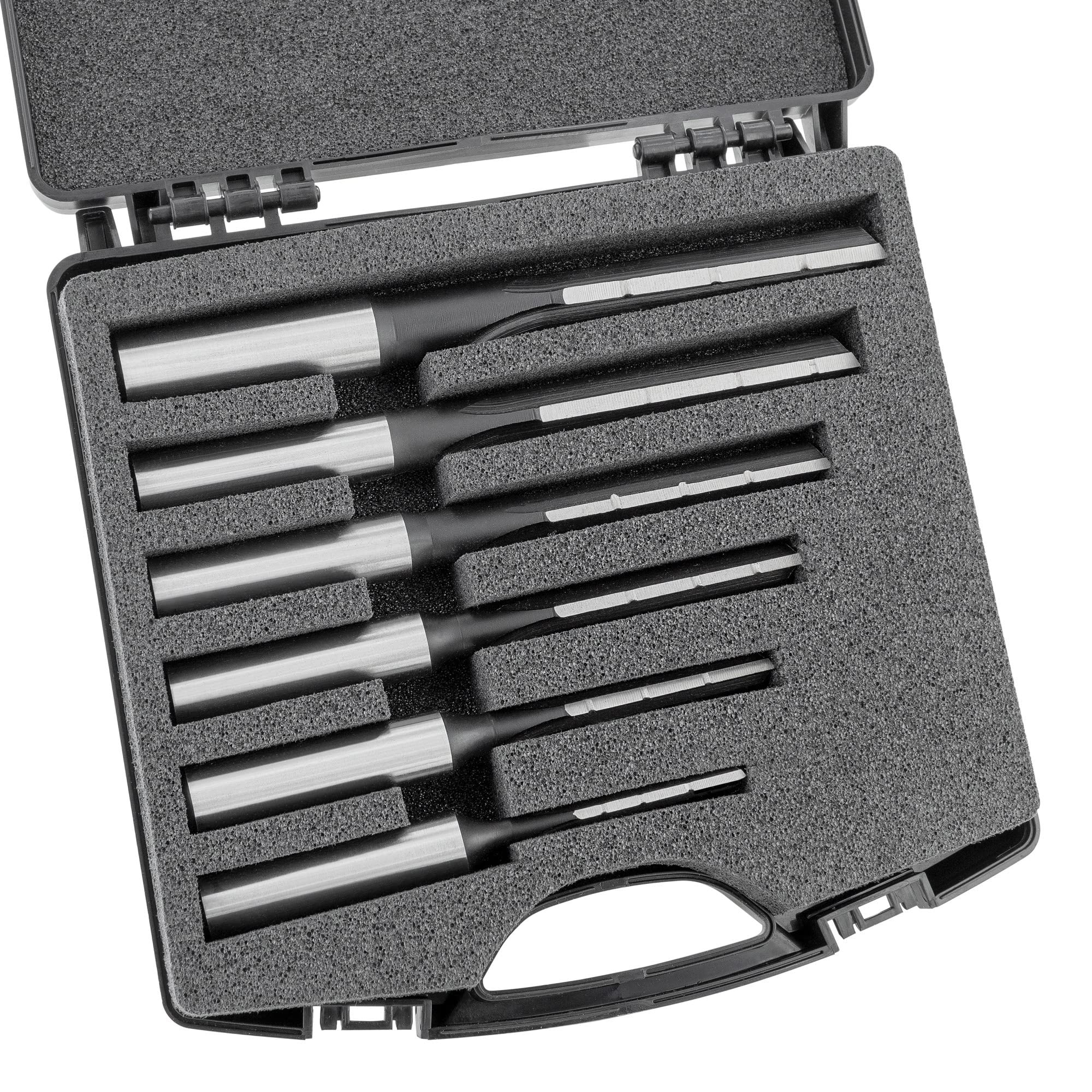 ENT 25490 Juego de 6 brocas de fresado para agujeros largos Ø 6 - 8 - 10 - 12 - 14 - 16 mm, vástago de 13 y 16 mm, rotación a la derecha, con ranuras para romper las virutas, de acero de herramientas, broca para agujeros largos, fresa para agujeros largos