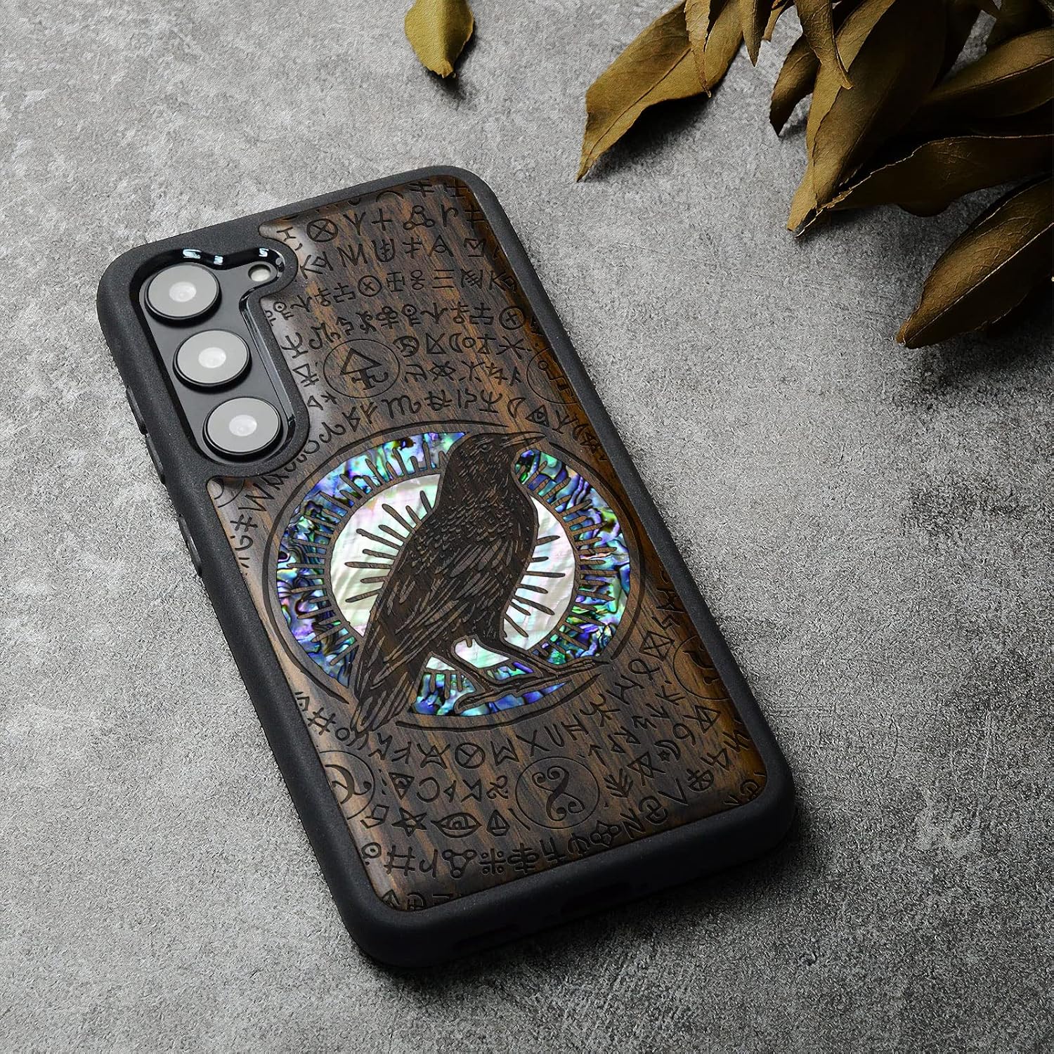 Carveit Designer Wooden Case for Samsung Galaxy S23 Plus Cover [Wood Engraving & Shell Inlay] Unique Wood Phone Case Compatible with Wireless Chargers Galaxy S23 Plus Case (Raven-Blackwood)