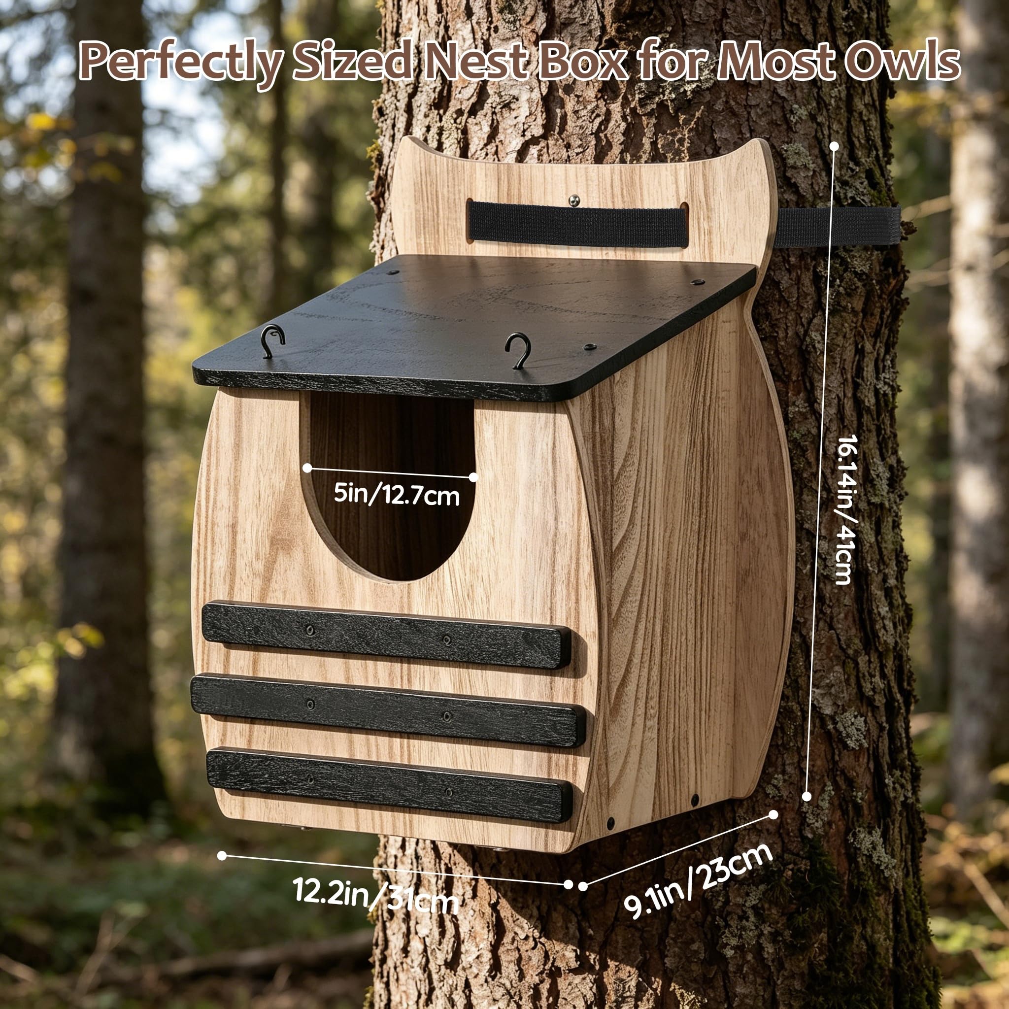 Grande nichoir en bois de paulownia, nichoir à hiboux avec trou d'entrée 11 x 13 cm, nichoir à suspendre 30 x 41 x 23 cm