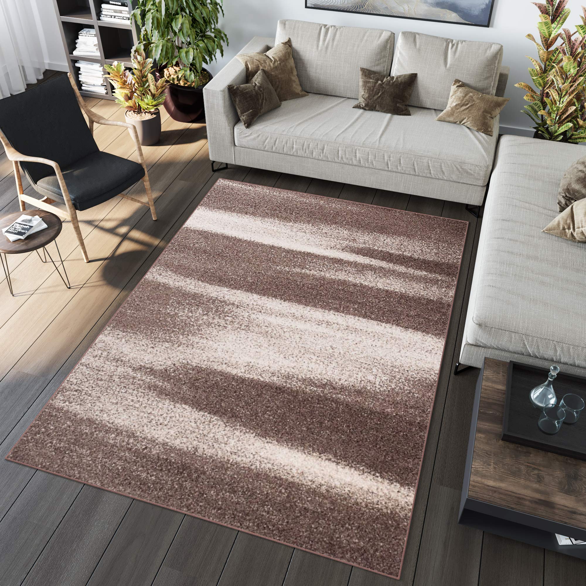Tapiso Brown Sari Area Rug Living Room Bedroom Cream Light Dark Contemporary Lines Modern Size - 160 X 220 Cm (5Ft3 X 7Ft3)
