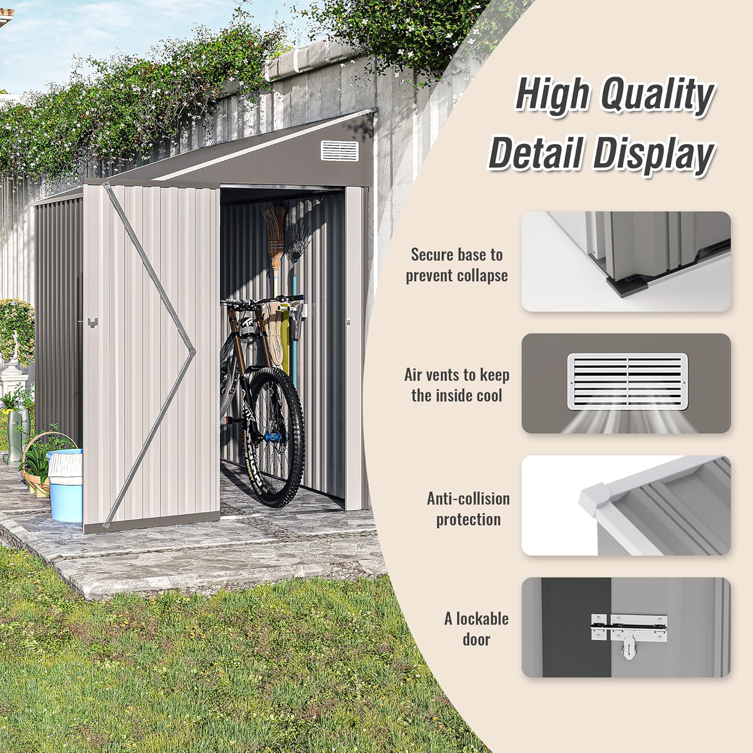 KEIKI 4' x 8' Outdoor Metal Storage Shed, Lean-to Garden Shed with Single Hinge Door & Ventilation, All-Weather Utility Shed for Bikes, Toys, Garbage Cans, Tools (Dark Gray)