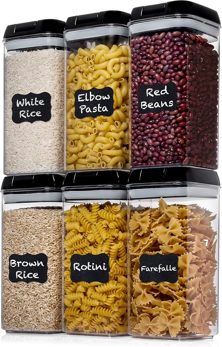 6 PC 1.2L Airtight Food Storage Containers with Lids BPA Free Plastic | Clear Plastic Stackable Cereal Containers with Easy Lock Leakproof Lids for Kitchen & Pantry Organization, Snacks, Pasta