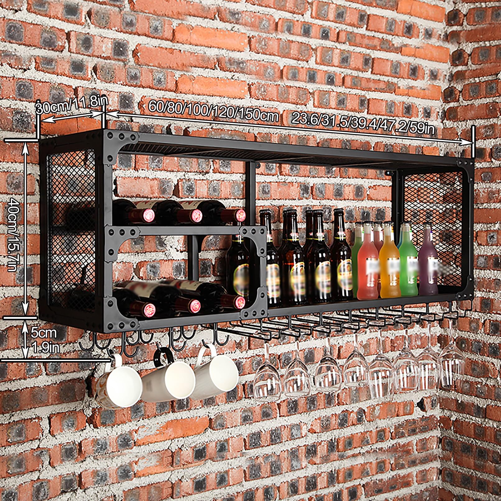 An der Wand montiertes Weinregal, schwebende Regale für die Bar, Aufbewahrungsorganisator für Flaschendisplays mit Metallrahmen, schwebender Champagnerflaschenhalter mit Glashaltern, für die