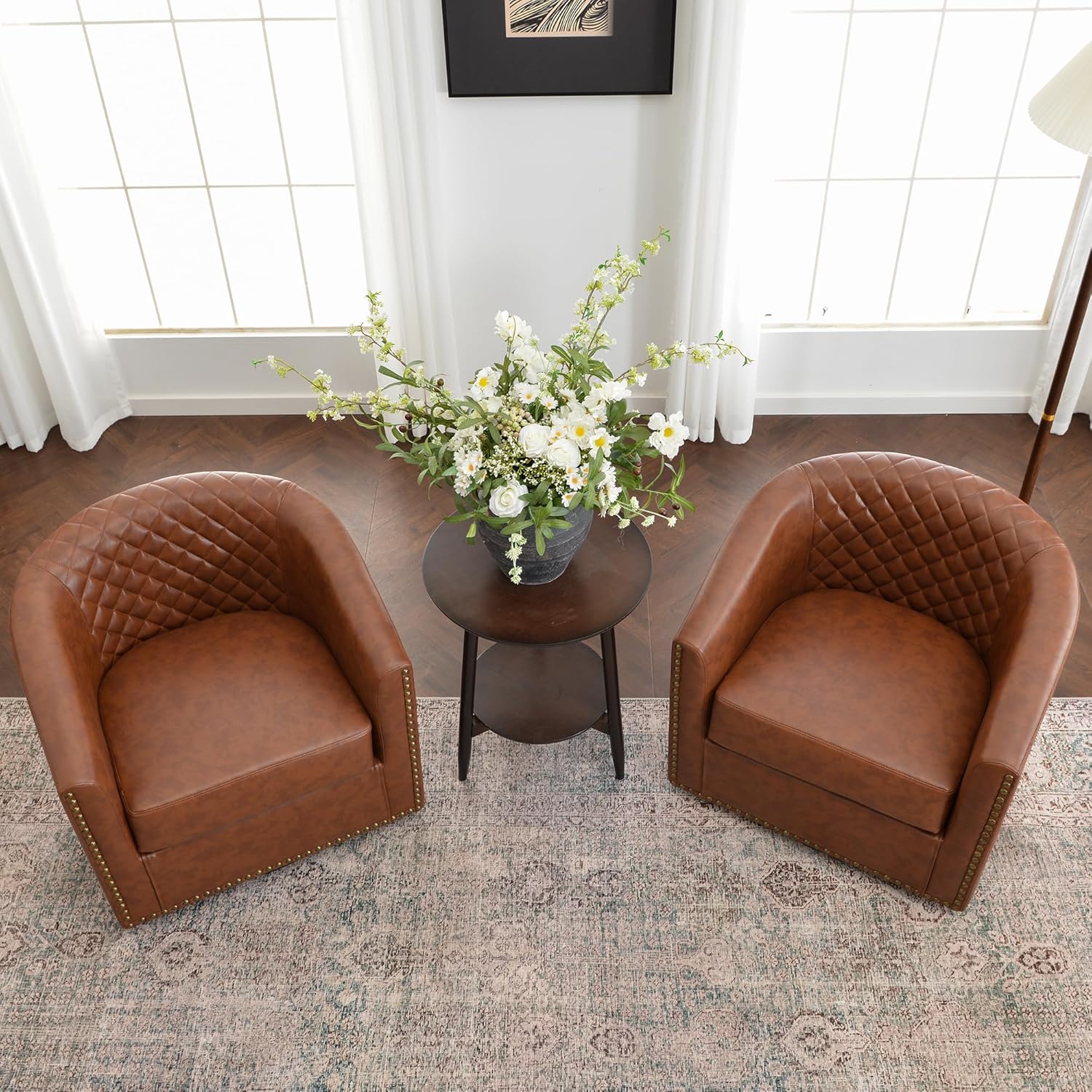 KINWELL 29" Wide Tufted Faux Leather Accent Chairs Set of 2, Small Swivel Barrel Chairs, Modern Round PU Leather Upholstered Armchairs with Nailhead Trim for Living Room Apartment, Brown
