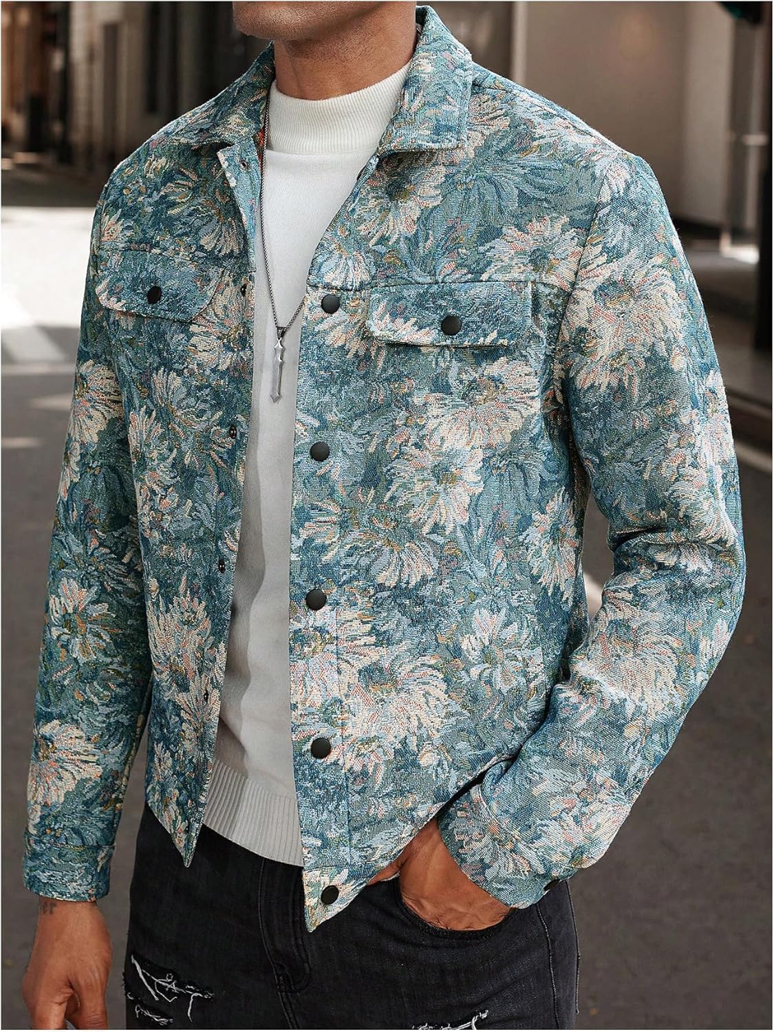 Floerns Men's Floral Jacquard Button Front Going Out Jacket Long Sleeve Shacket Shirts - Image 4