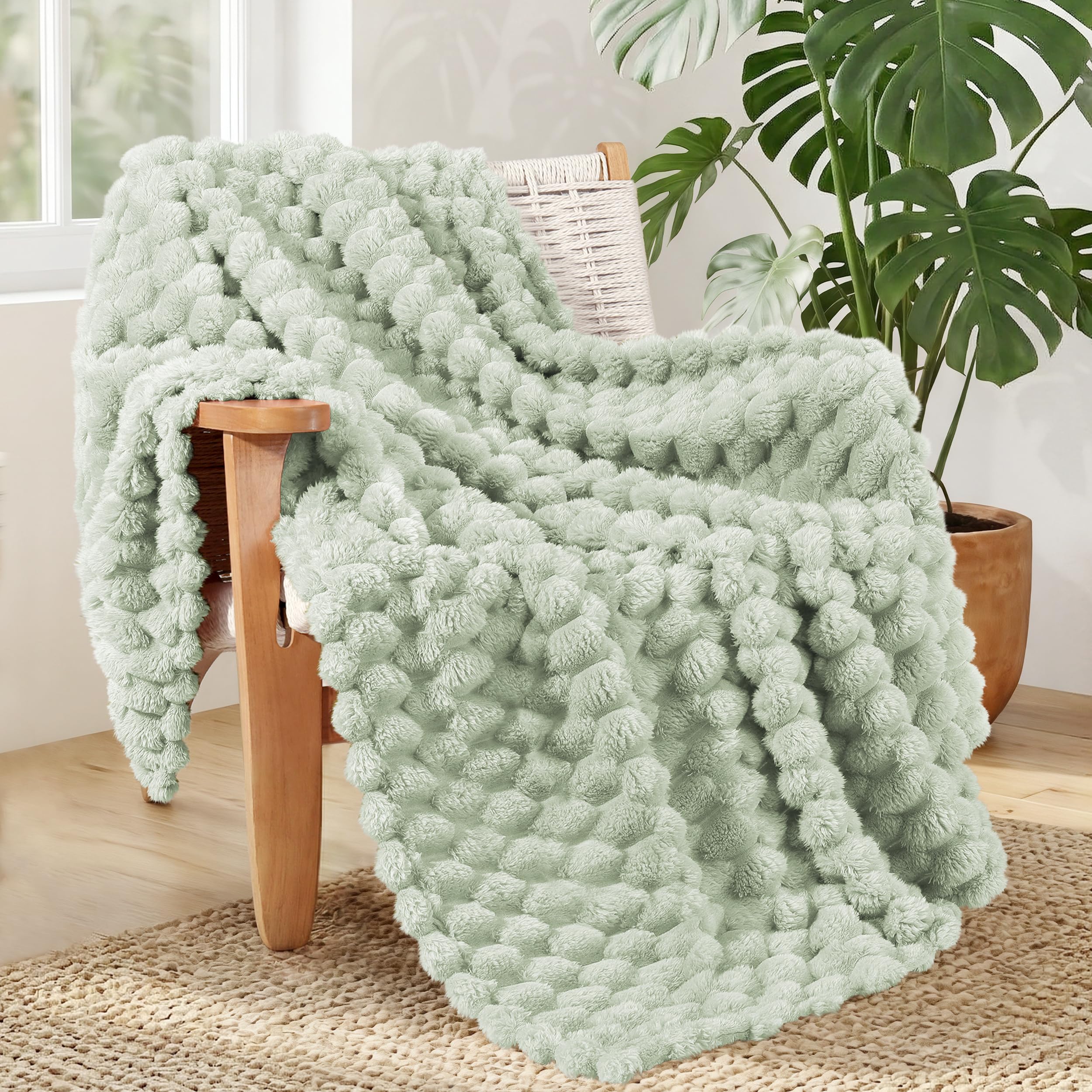 Whale Flotilla Throw Blanket for Sofa with Expanded 3D-Jacquard Pattern, 130x150 CM Fuzzy Soft Cozy Exquisite Blankets or All Season, Warm and Fluffy, Sage Green