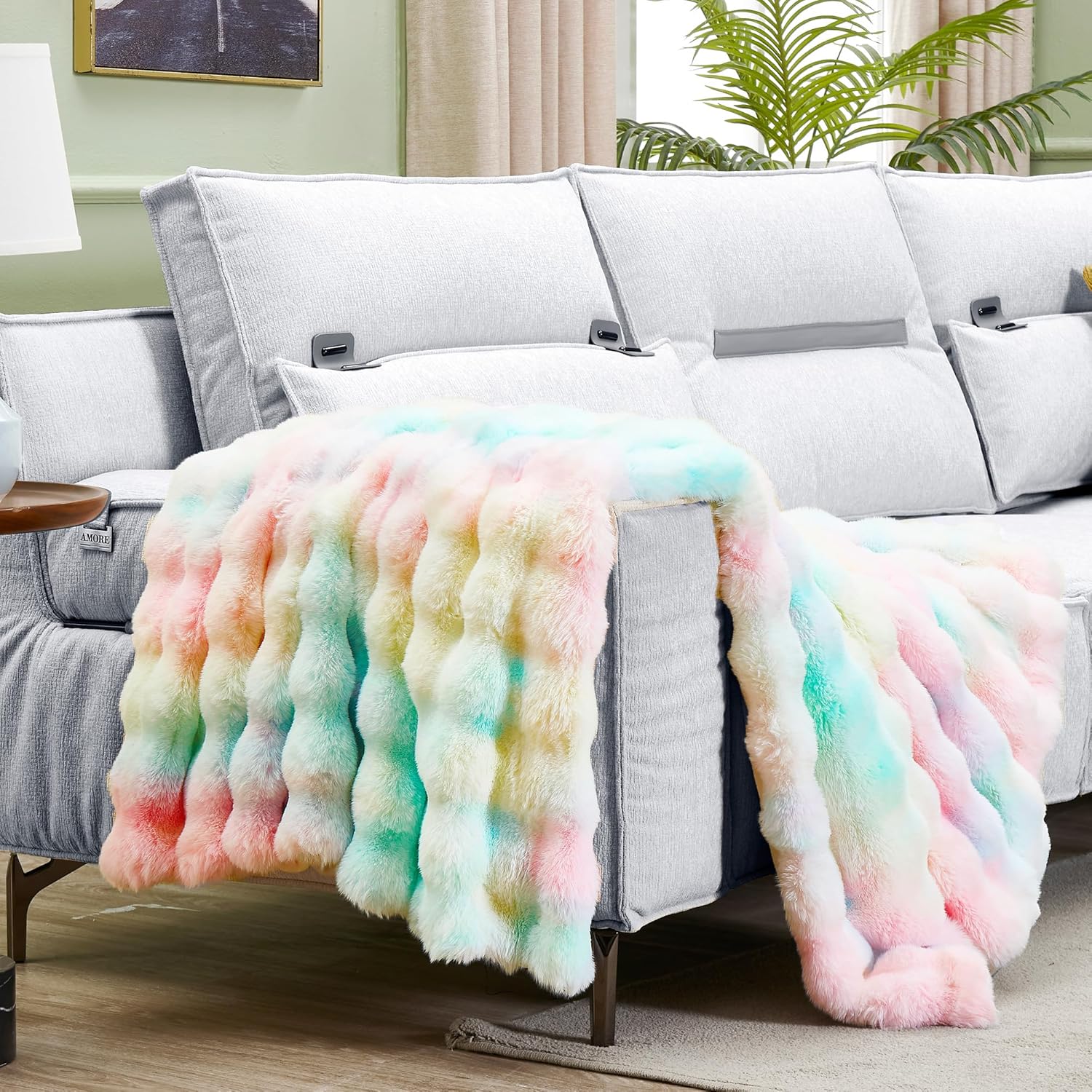 JONIYEAR Decorative Colorful Bubble Faux Rabbit Fur Throw Blanket 50" x 60", Thick Pastel Textured Warm Fluffy Blanket for Winter,Luxury Shag Cute Cozy Fuzzy Furry Lap Blankets for Couch Women,Rainbow - Image 3