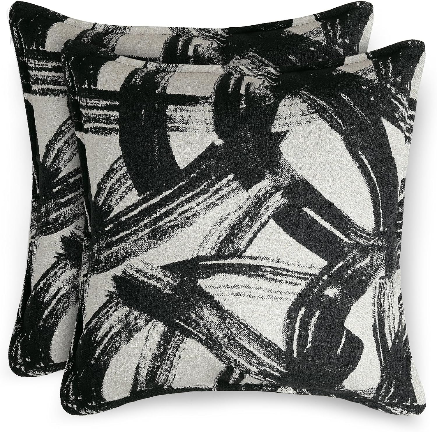 Set of 2 Abstract Throw Pillow Covers 18x18 Inch, Black and White Modern Art Brushstroke Cushion Covers, Soft Chenille Pillow Cases for Couch Sofa Bed Living Room Contemporary Home Decor