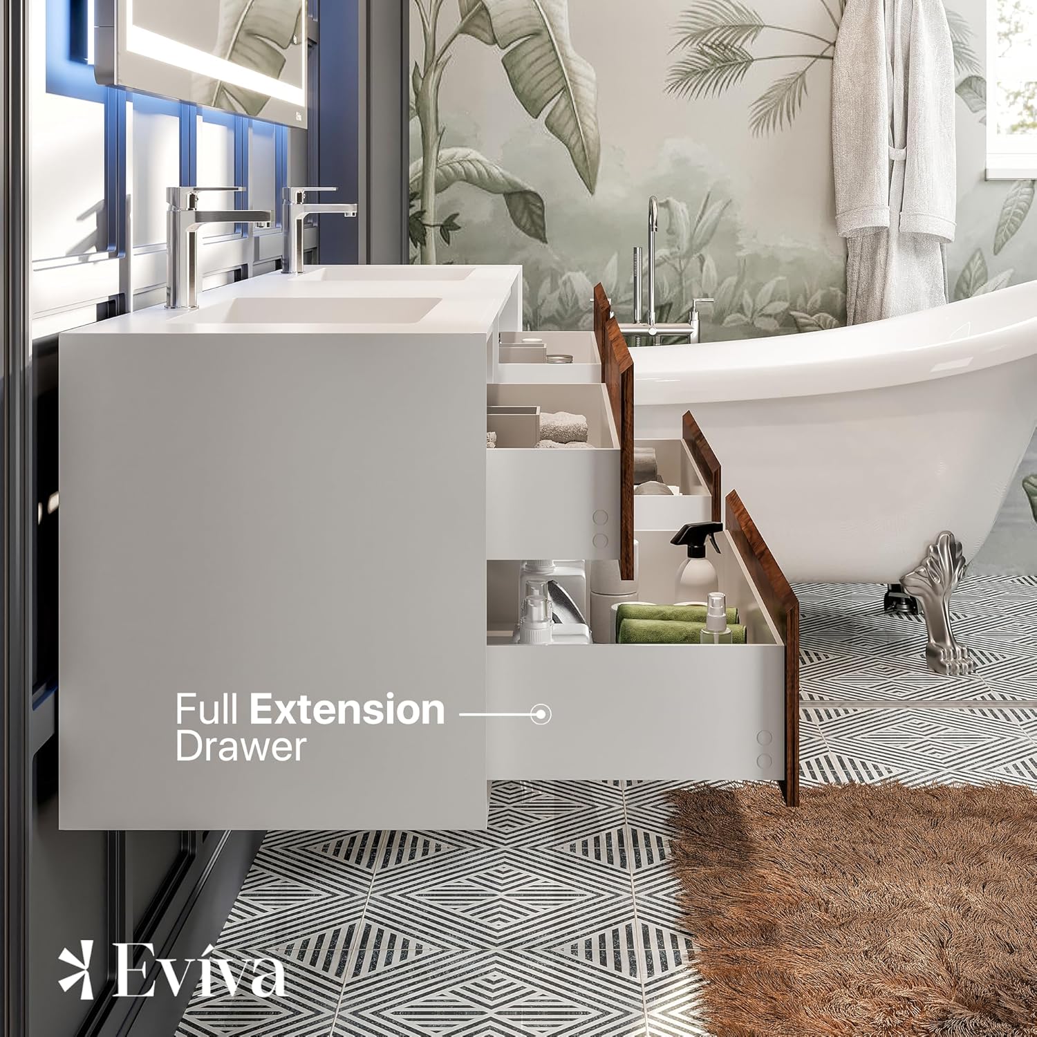 Eviva Vienna 75 in. Rosewood Wall Mount Double Sink Bath Vanity with Acrylic Top and Integrated Sinks