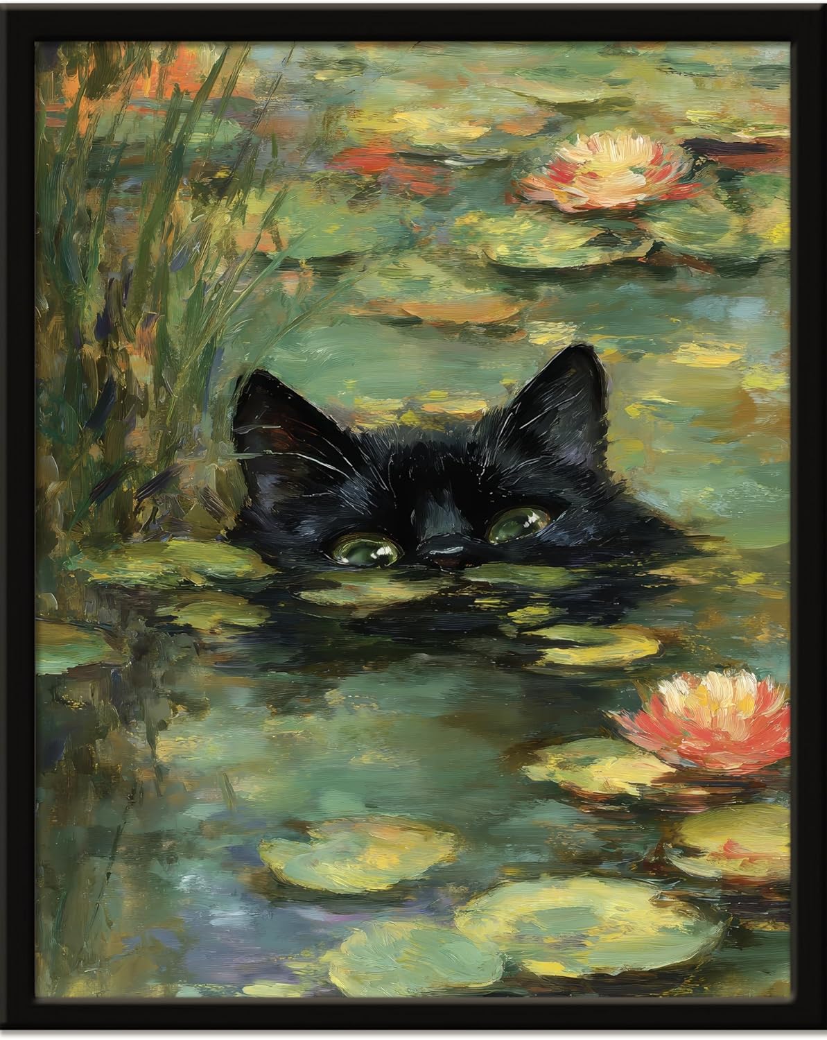 Monet Prints Vintage Cat Wall Art Print Cat In Water Lilies Posters Retro Canvas Art Wall Decor Picture For Bedroom Dorm Bathroom Wall Decor Aesthetic Home Artwork 12" × 16" With Framed