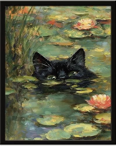Monet Prints - Lienzo decorativo para pared con diseño de gato en lirios de agua, arte retro para decoración de pared, dormitorio, baño, decoración