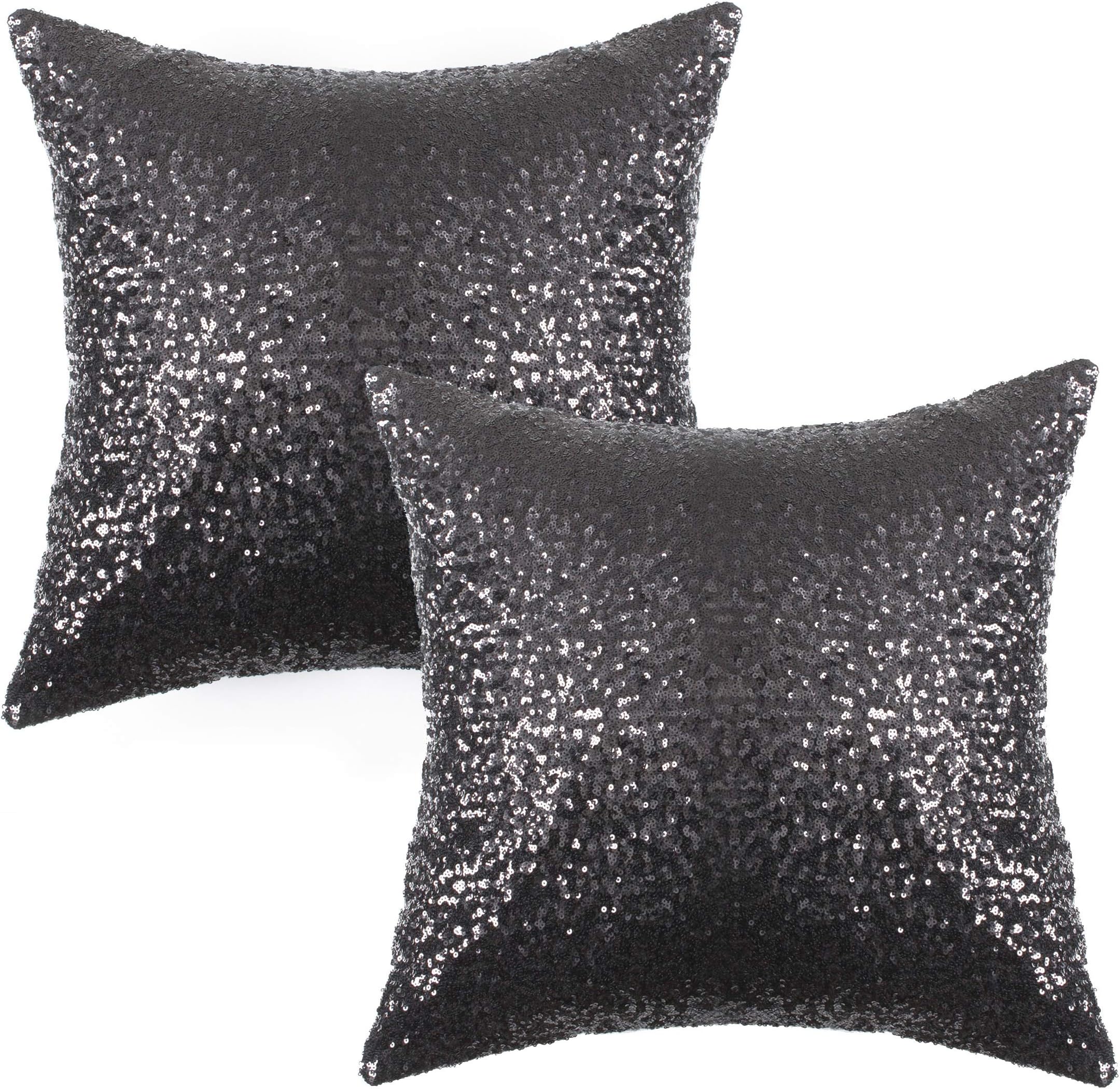 Kevin Textile Solid Bling Glitter Home Decorative Square Cushion Cover Sham for Sofa/Party, 18"x18"(45cmx45cm), Black, 2 Packs