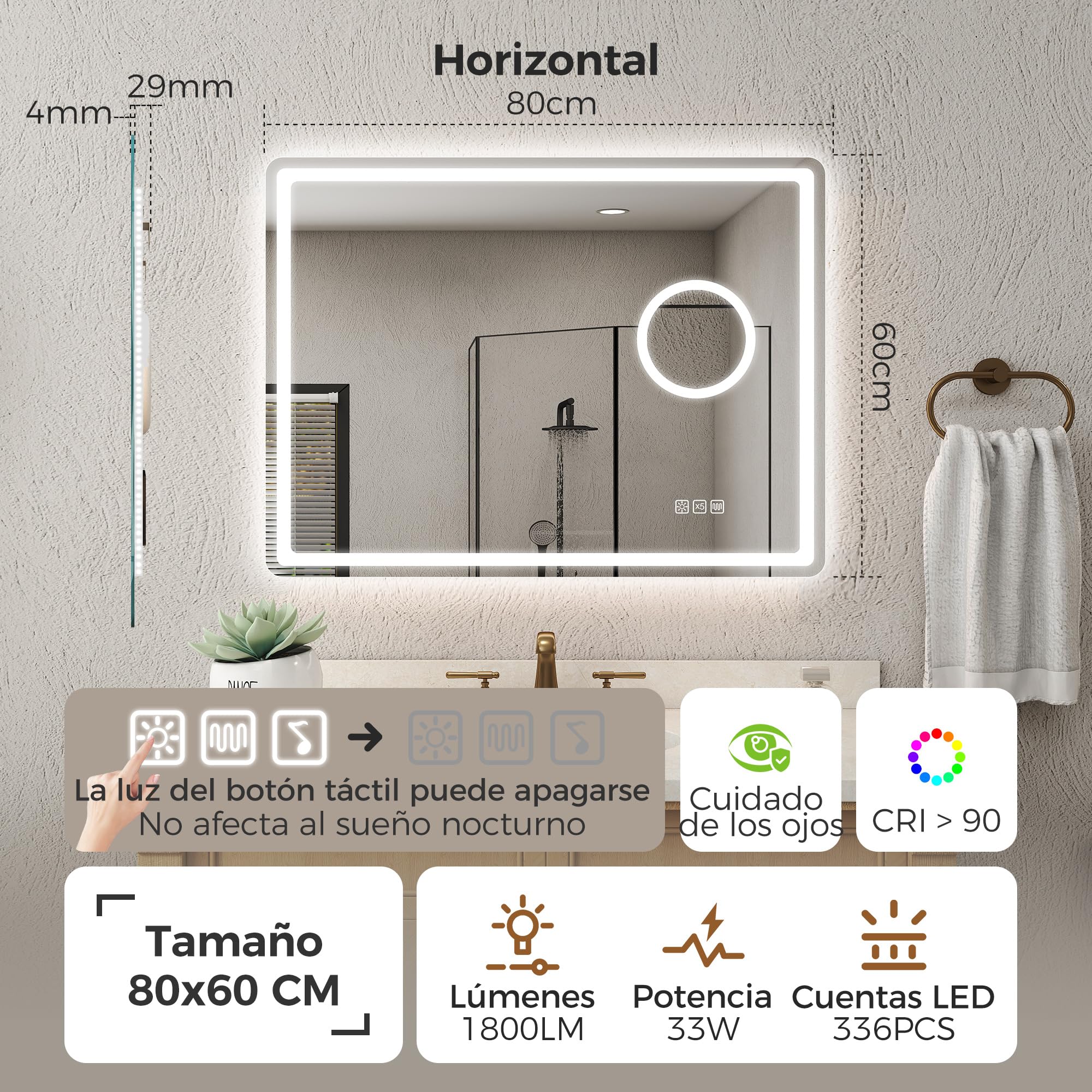 STARLEAD 60x80cm Espejo Baño con Luz LED, Aumento 5X y Antivaho | Regulable, 3 Colores 3000K-6500K, Memoria, IP44, Vidrio Templado, CRI>90, Control Táctil, Montaje en Pared