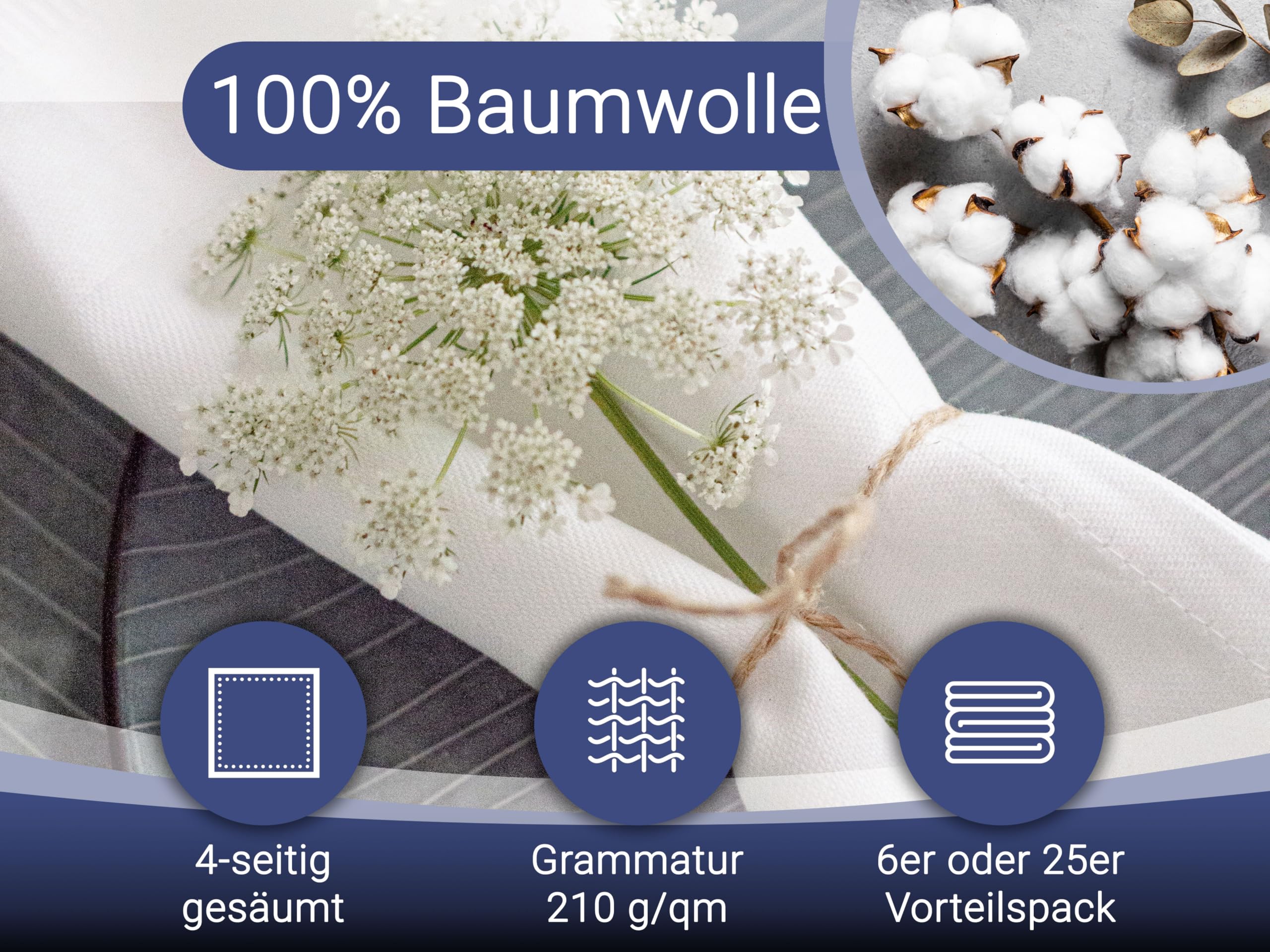 ZOLLNER 25er Set Mundservietten 100% Baumwolle, 50x50 cm, Weiß
