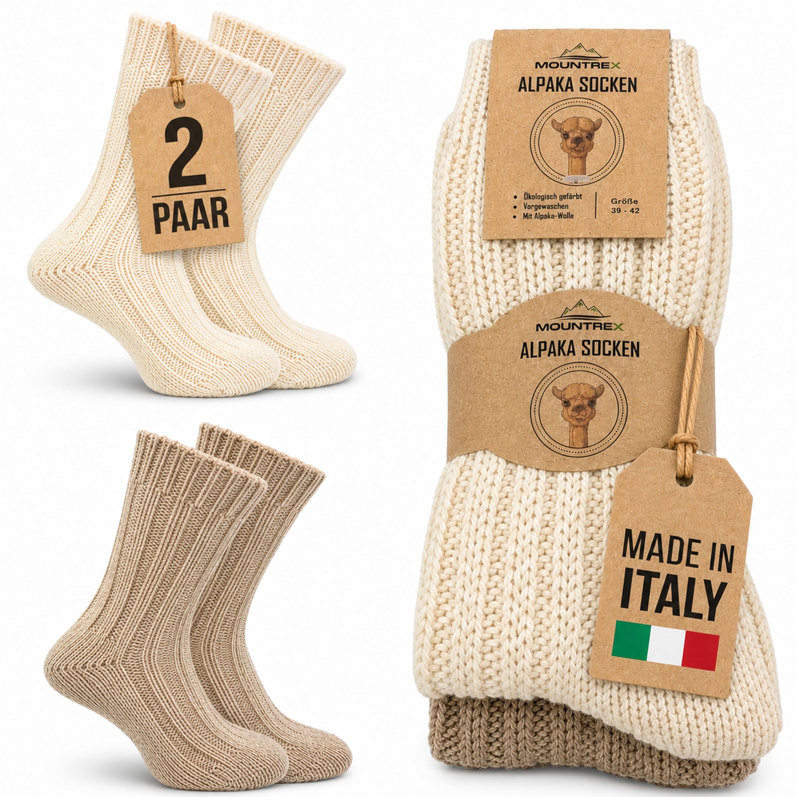 MOUNTREX® Alpaka Socken, Wollsocken für Damen und Herren - Wintersocken, Warme Haussocken, Thermosocken - Dick - 2 Paar