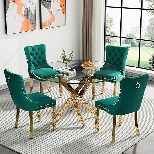 Vista 73 de Juego de comedor cuadrado moderno dorado de 36 pulgadas, mesa de cristal de 5 piezas y 4 sillas tapizadas de terciopelo Mesa y 4 Sillas Beige,Mesa