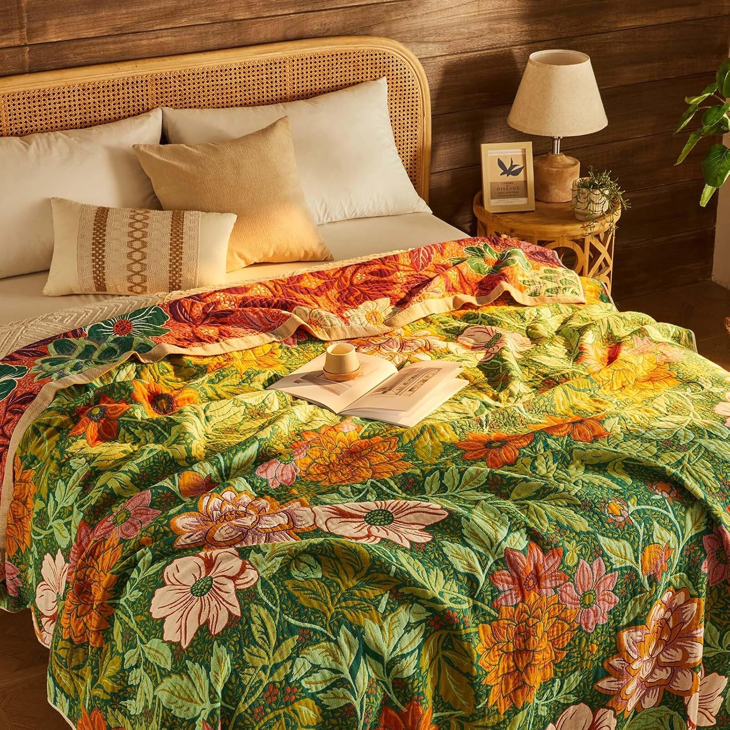 Boho Blanket Soft Muslin Boho Throw Blanket 100% Cotton Blanket All Seasons Reversible Rustic Floral Printed Vintage Rustic Farmhouse Decor Throw for Sofa Couch Chair (Green, 60"x80")