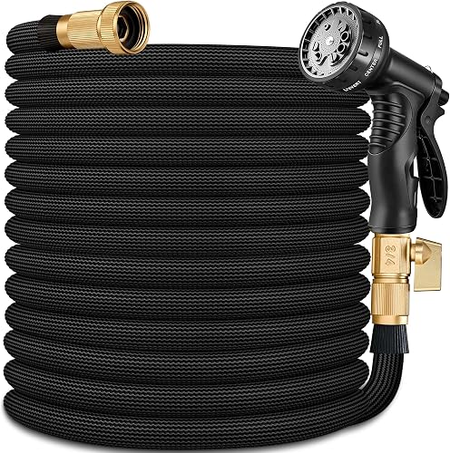 Flexible Garden Hose 75 FT, Ultra Lightweight Water Hoses 75FT w/10 Function Sprayer and 3/4" Brass Fittings, Kink-Free, Sturdy, Abrasion Resistant for Yard, Lawn, Outdoor and Gardening(Black)