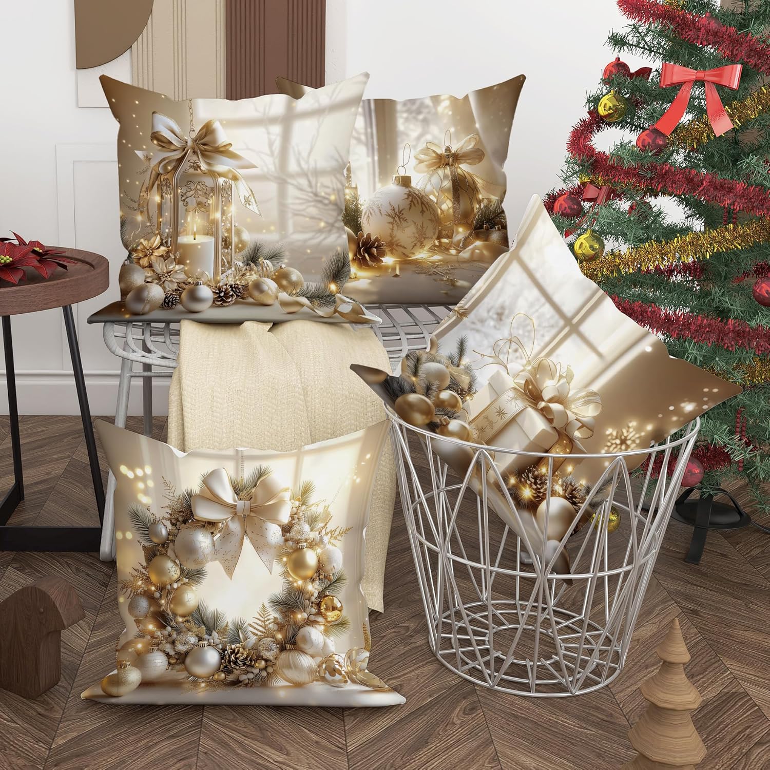 Winter Christmas Pillow Covers Set of 4, Elegant Luxury White Gold Balls Ornament Wreath Throw Pillows Case, Cozy Gift Box Festive Decorative Square Home Sofa Bed Couch Accents Covers 20x20 Inch