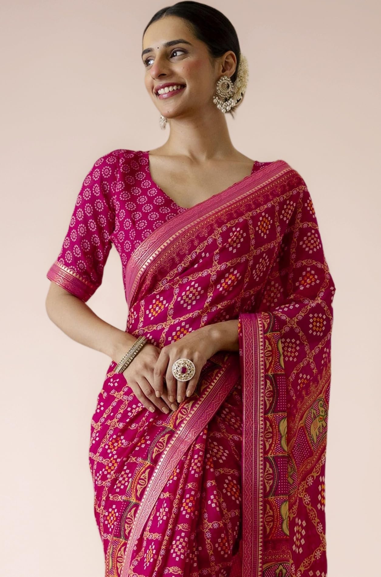 SIRIL Women's Georgette Bandhani Printed Saree With Unstitched Blouse Piece
