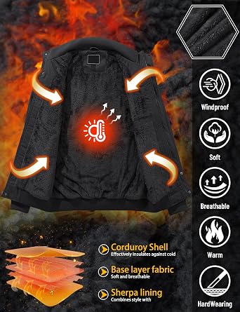 TACVASEN Men's Winter Jacket Fleece Lined Military Jacket Cargo Windbreaker Zip Front Stand Collar Coat with Multi Pockets