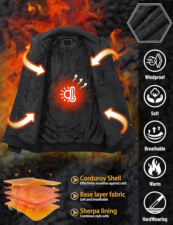 TACVASEN Men's Winter Jacket Fleece Lined Military Jacket Cargo Windbreaker Zip Front Stand Collar Coat with Multi Pockets