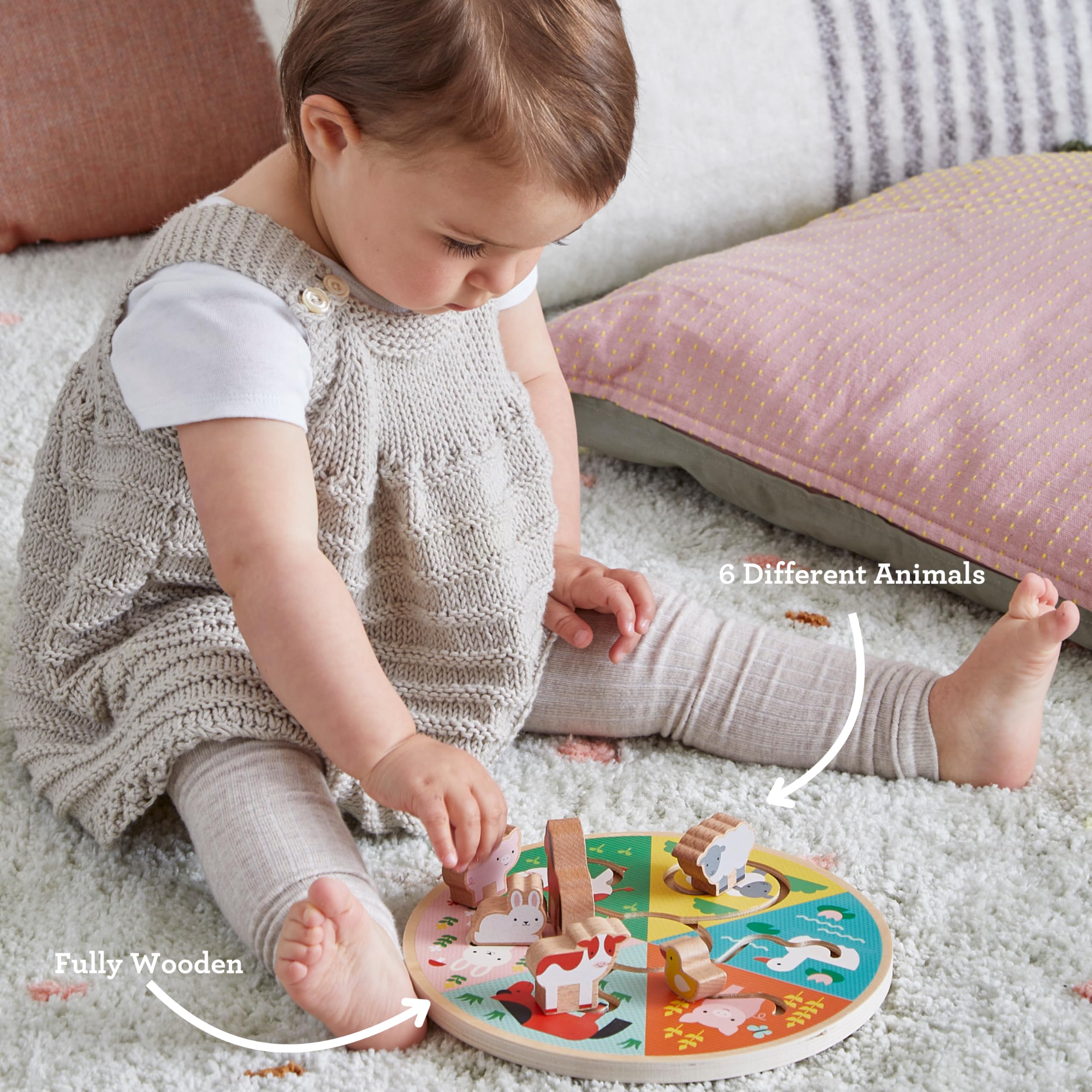 Petit Collage: Farm Animals Wooden Sliding Maze - Wooden Animal Puzzles for Kids - Move The Animals to The Home - Made from Sturdy Wood to Last - Great Gift for Kids 1+