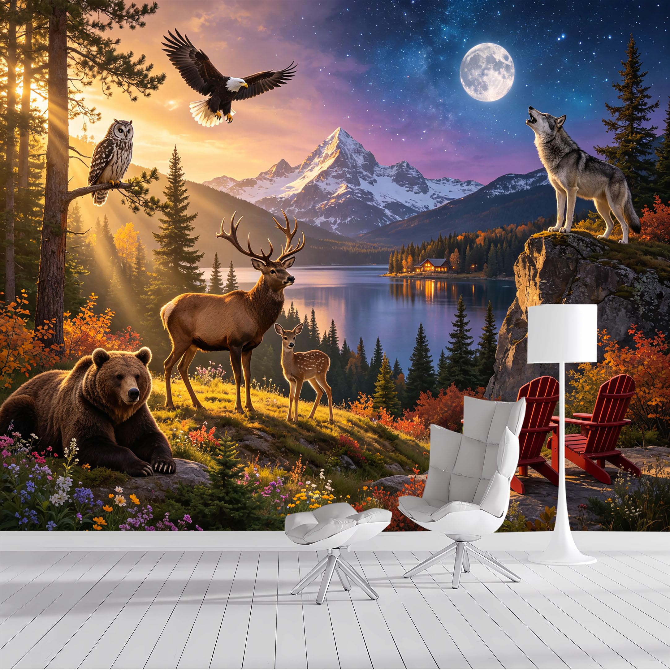 Custom Size Wall Mural Alpine Wildlife Moonlit Lake Scenic SelfAdhesive Wall Fabric Removable Peel and Stick Wallpaper Wall Decor for Living Room Bedroom Bathroom