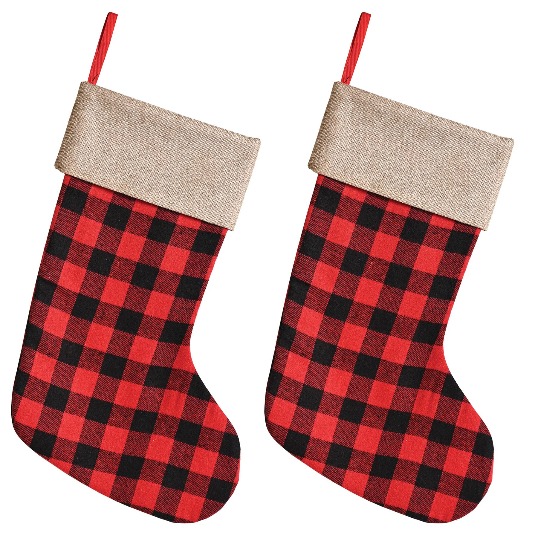 Beistle 2 Piece Red &amp; Black Buffalo Plaid Christmas Stockings With Faux Burlap Trim Happy Holidays Fireplace Hanging Decorations