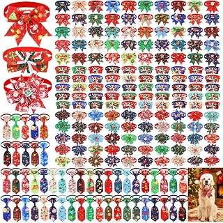 Thinkday 200 Pcs Christmas Dog Bow Ties Collar Bulk Christmas Pet Collar Neckties Adjustable Xmas Collars with Tree Santa Candy Cane Snowflake Gingerbread Man for Small Medium Large Dogs Cat
