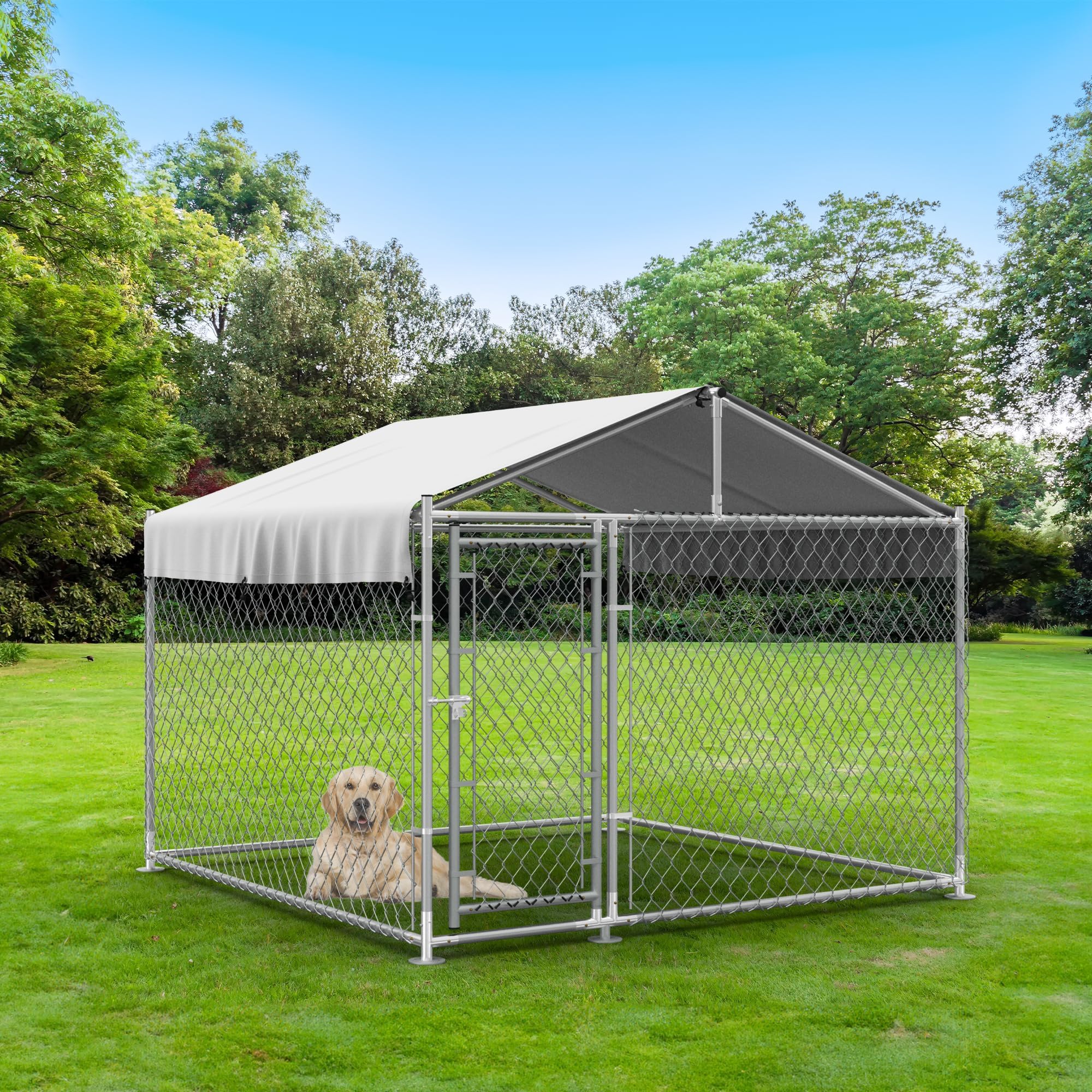 Amopatio Large Outdoor Dog Kennel, Anti-Rust Big Dog Kennel Outside with Waterproof Cover and Secure Lock, Dog Fence Outdoor for Yard(6.6' x 6.6' x 5.2')