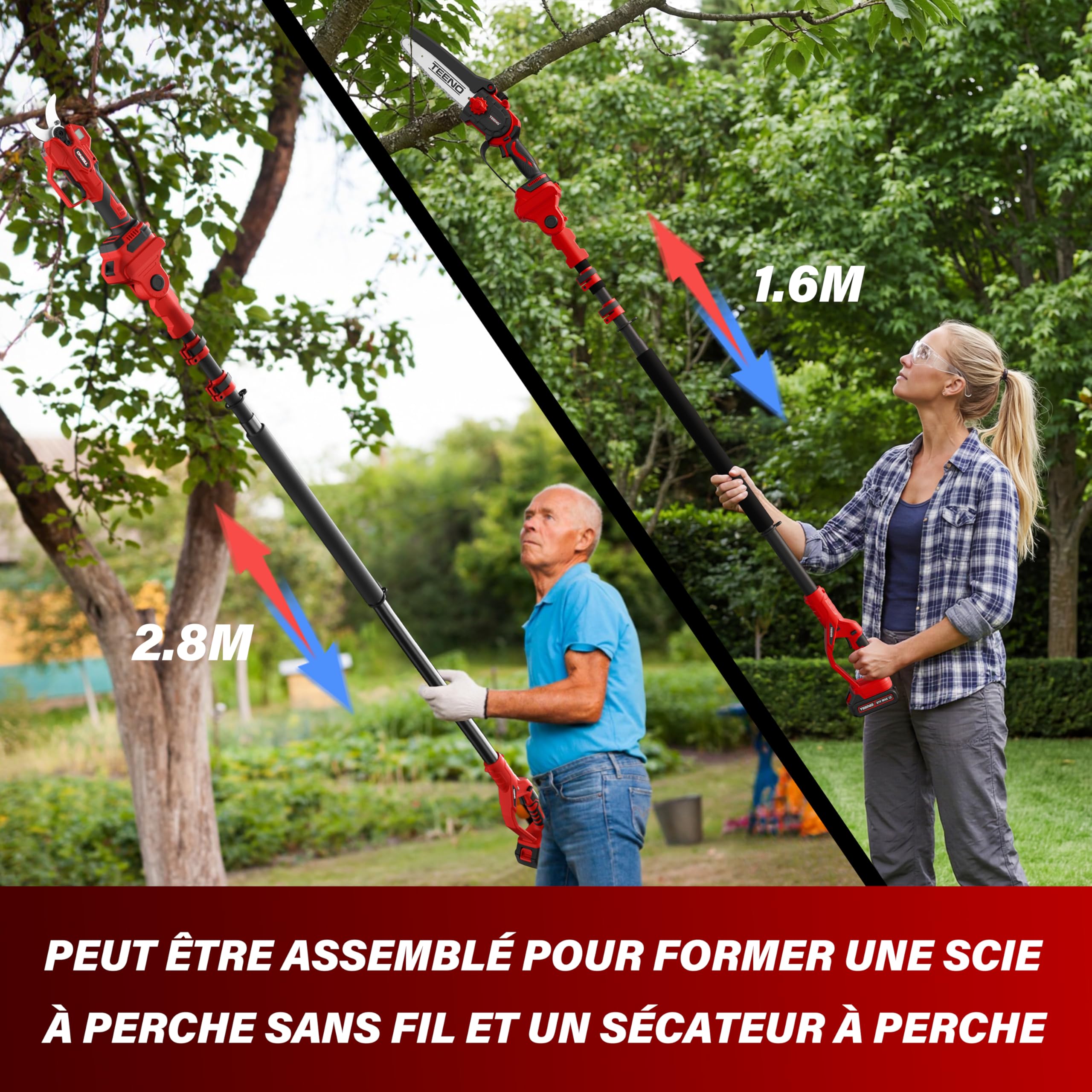 Perche télescopique d'élagage TEENO, longueur de 1,6 m à 2,8 m, équipée d'une interface le Makita Compatible avec les mini-tronçonneuses électriques et les sécateurs, avec une fiche à trois broches