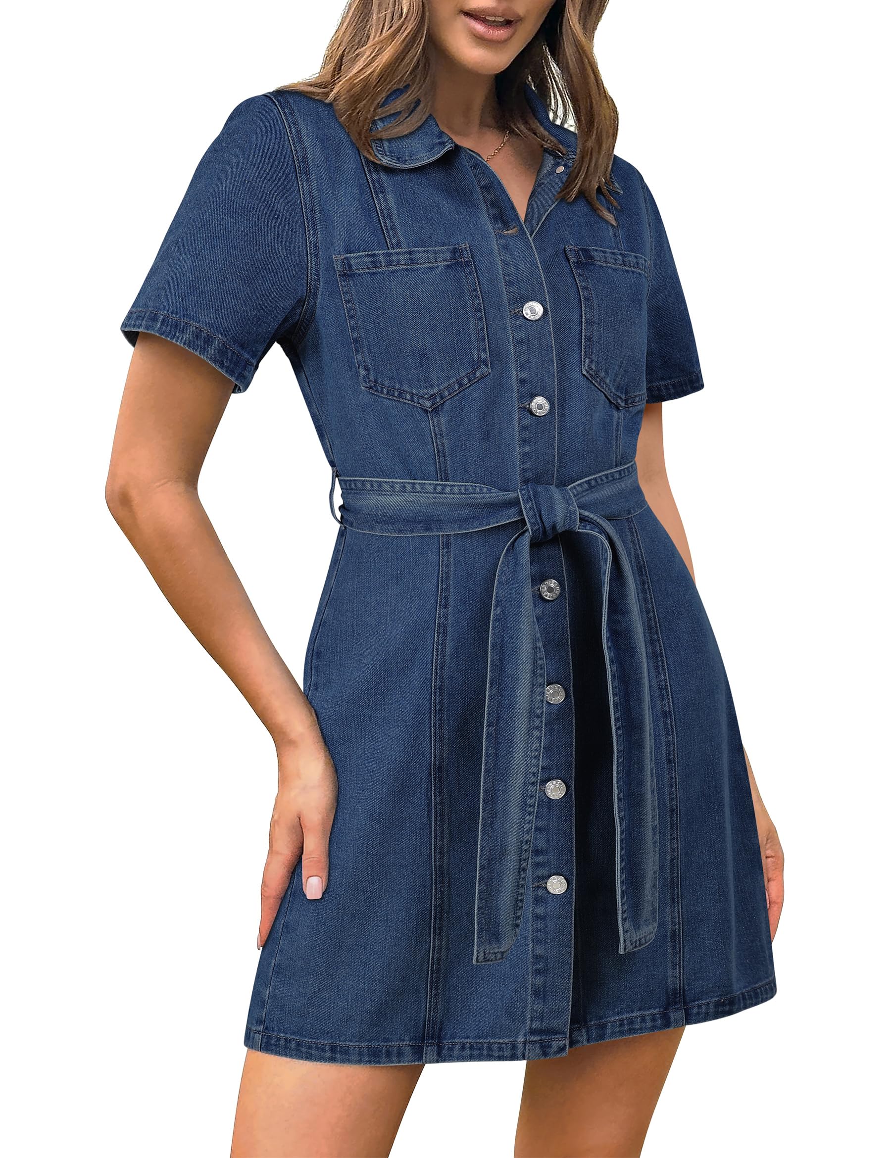 Jeanskleid Damen Sommer,Kurzärmelige Button Down Denim Shirt Kleider | Kordelzug-Taille, Praktische Taschen, Casual Elegant Passend für Sommerverabredungen, Urlaubsreisen und Alltag