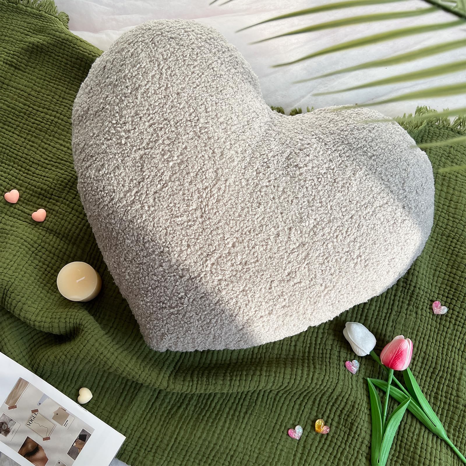 EastTree Heart Pillows Light Grey Heart Shaped Pillows Love Throw Pillows Cute Sherpa Heart Decor Large Fluffy Pillows