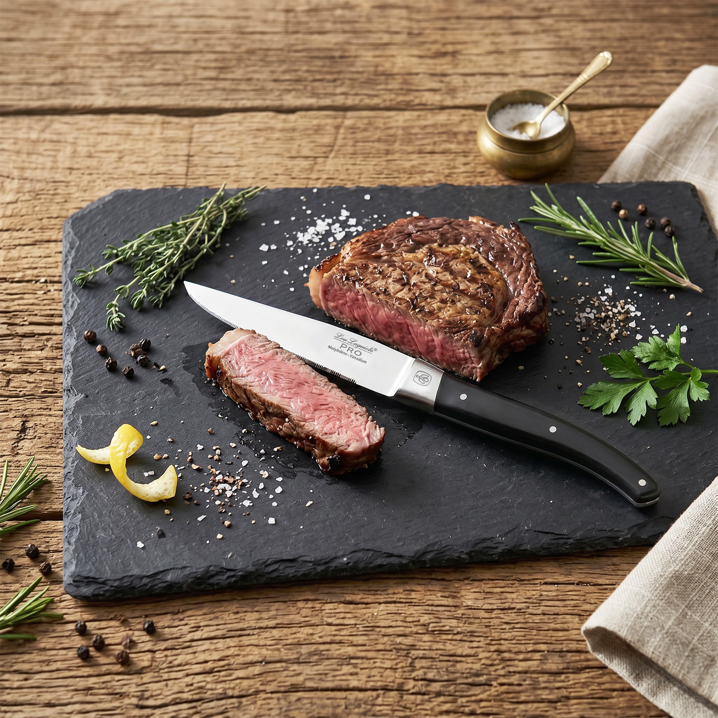 LOU LAGUIOLE Pro - Set couteaux steak de table, lames steak microdentées, 6 pièces, Taille 23.2cm (lame 11.5cm), Acier 5Cr15MoV - Finition Brillante - Noir