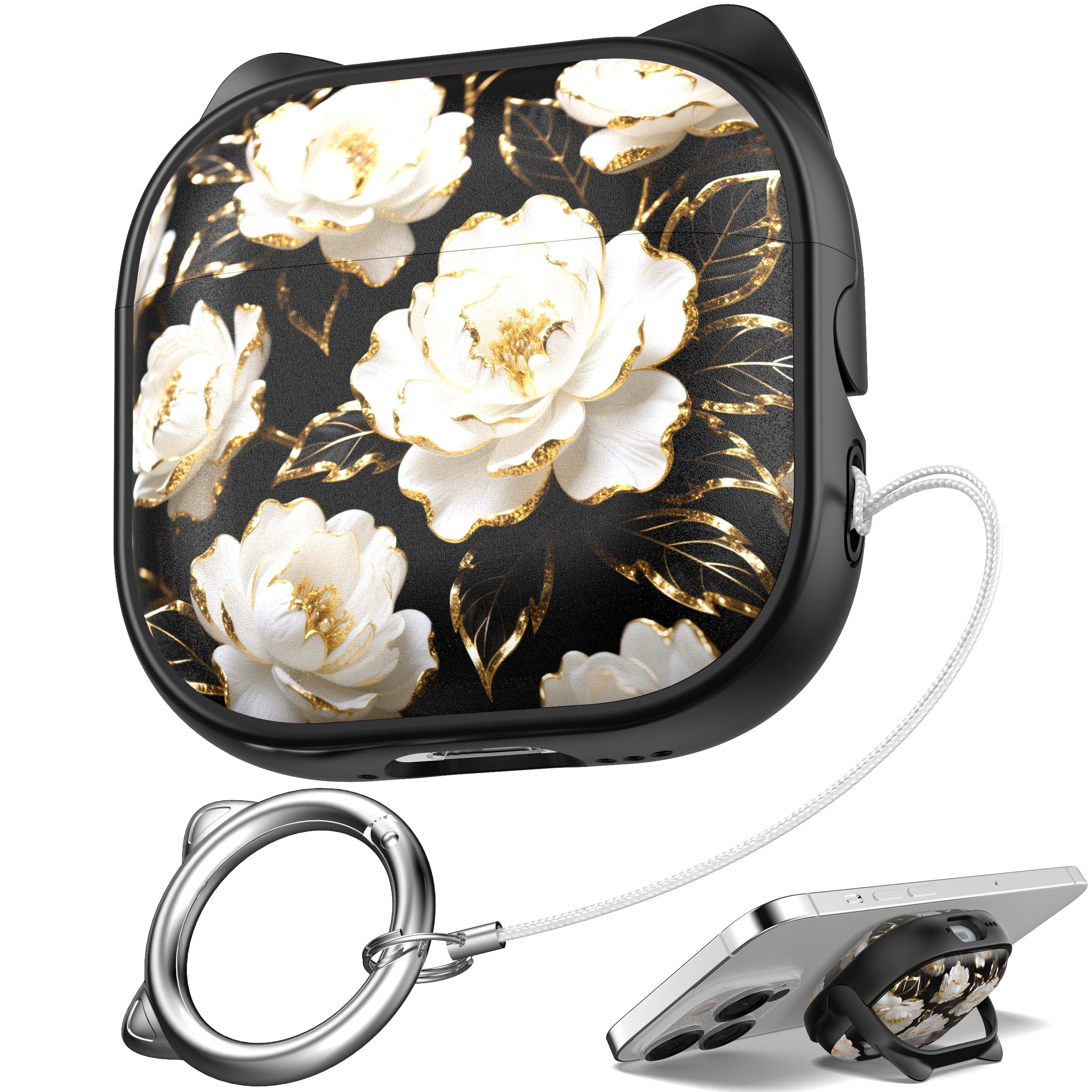 MHYALUDO for AirPods 4 Case with Cleaning Kit, Cute Cat Ear Print Design & Cute Buckle, Inverted Phone Holder Design, Top Safe Lock Buckle Design, for